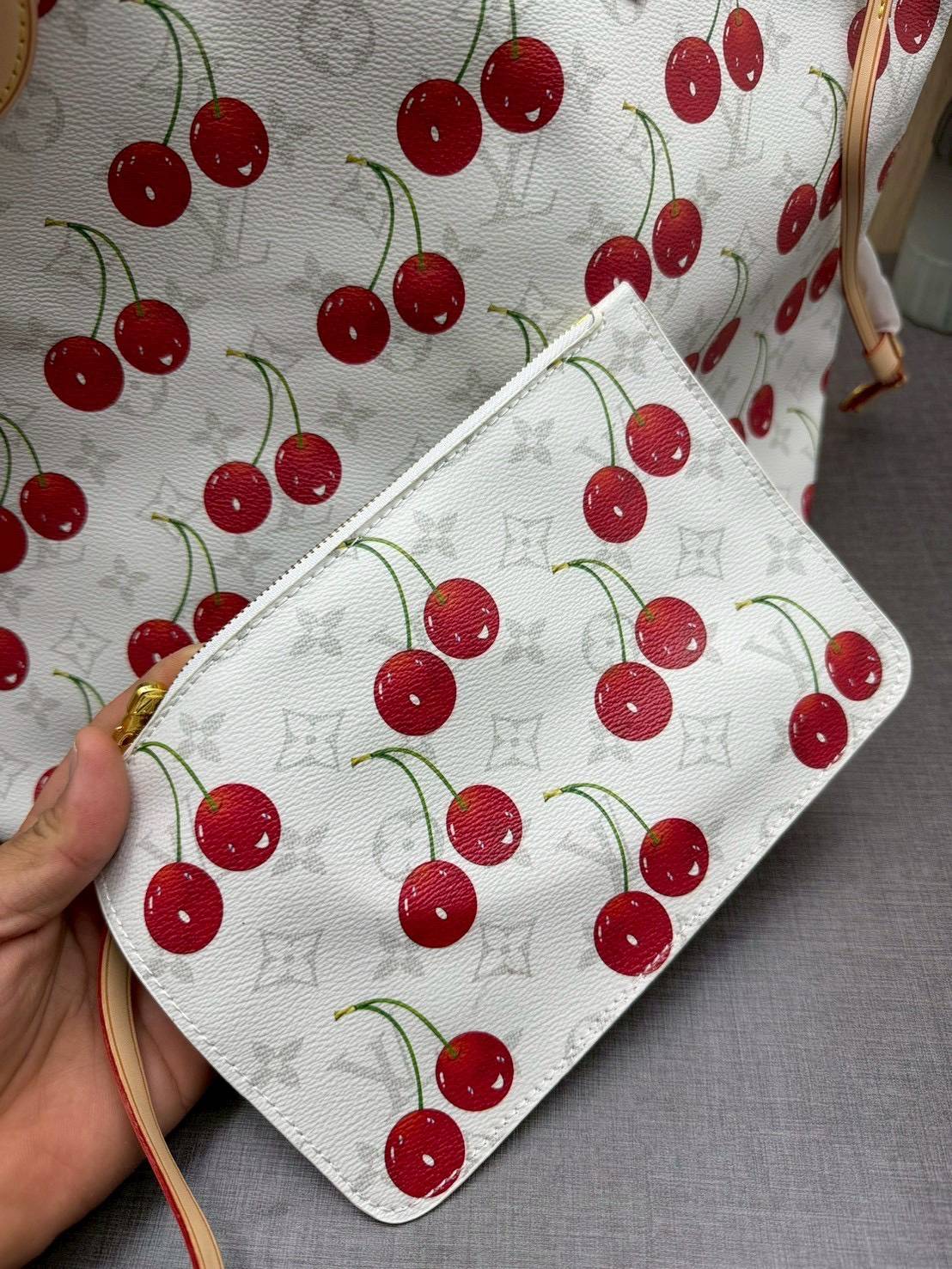 ORI หนังแท้ | LV x TM - Neverfull MM Bag Monogram cherry canvas / LV Tote Bag สีขาว กระเป๋าสะพายทรงโท้ทใบใหญ่ ลายเชอรี่น่ารักสดใส