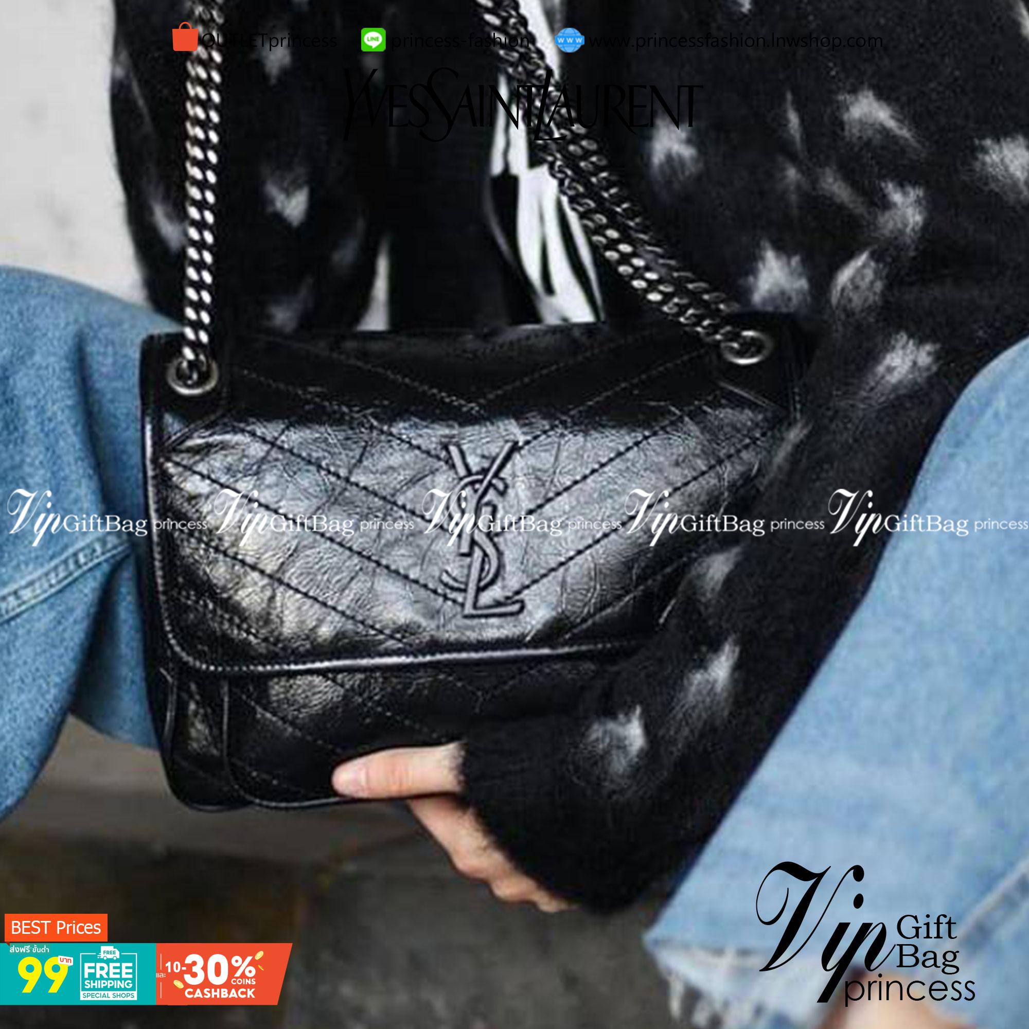 VIP 】Saint Laurent Niki shoulder bag VIP GIFT WITH PURCHASE (GWP) พรีเมี่ยมกิ้ฟ Limited Edition จาก YSL DUTY FREE COUNTER กระเป๋าสะพายรุ่น Niki จาก Saint Laurent โดดเด่นด้วยโครงสร้างทำจากหนังวัว หนังมันเงา นิ่ม งานสวยมากๆ ค่ะ อะไหล่สีดำ ด้านหน้าประดับโลโก