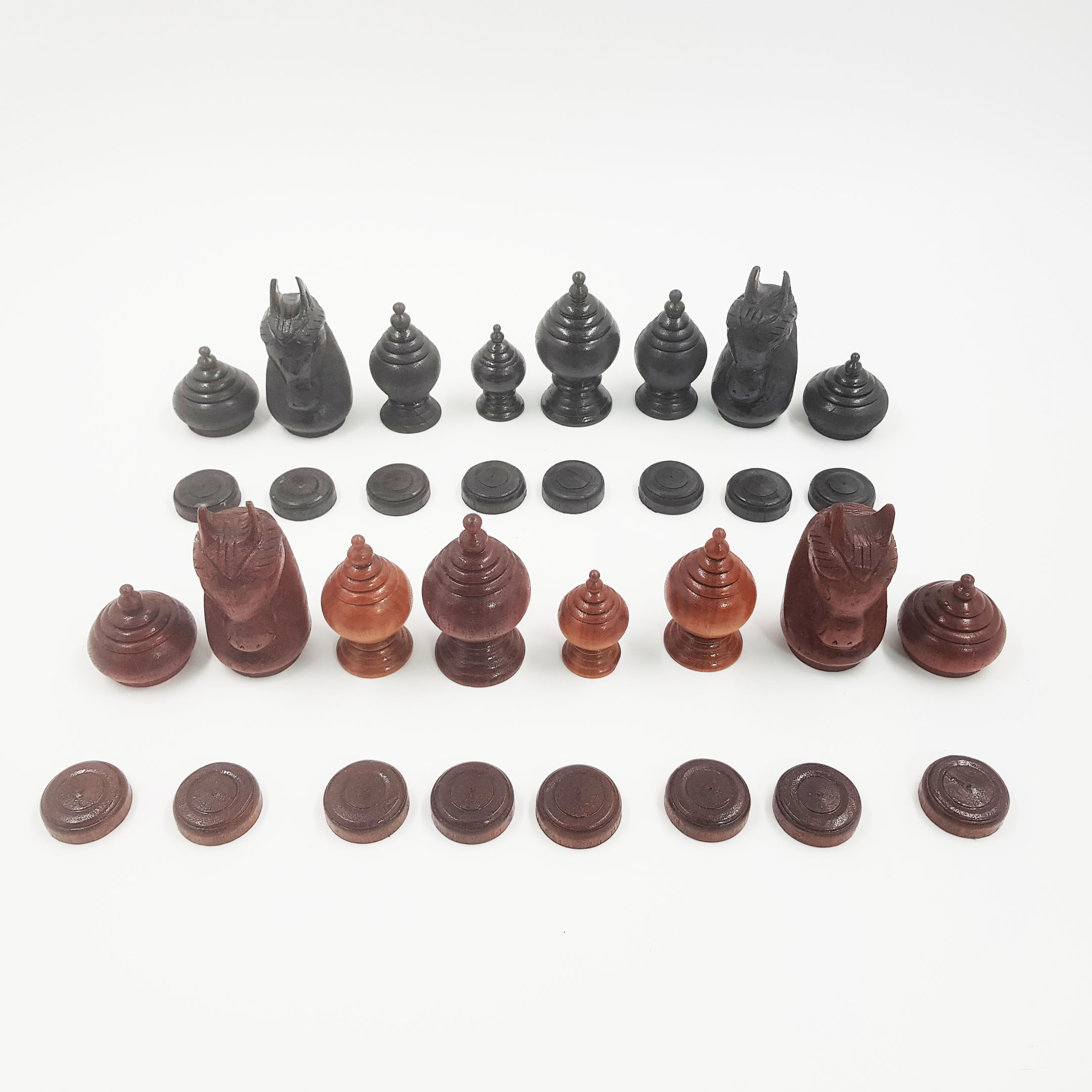 ตัวหมากรุกไทยไม้แกะชุดคาณฑีวะไม้สักสีดำ+ไม้แดงไม้เนื้อแข็ง