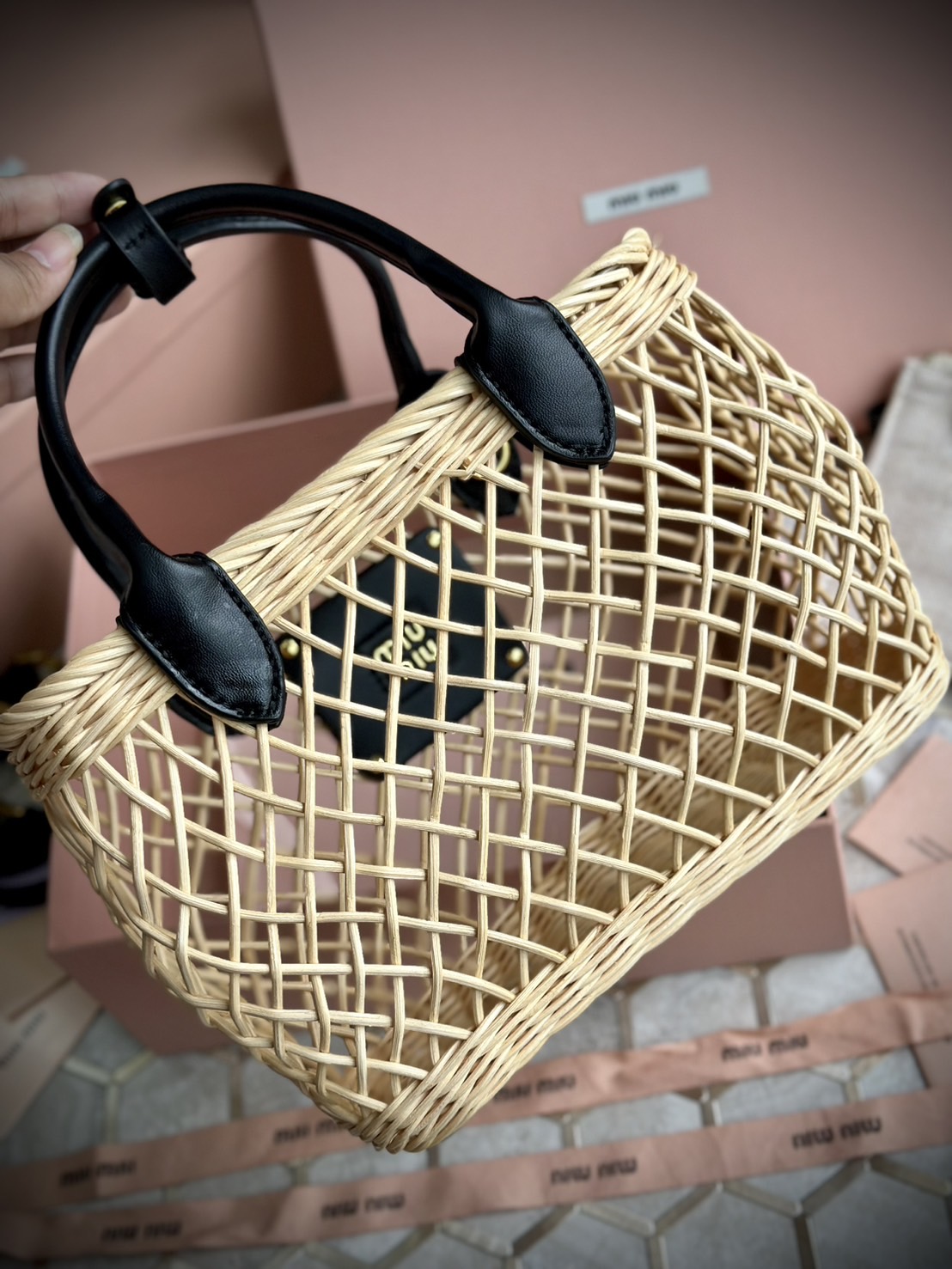 Miu Miu Woven fabric handbag with leather trim กระเป๋าสานดีไซส์ย้อนยุค