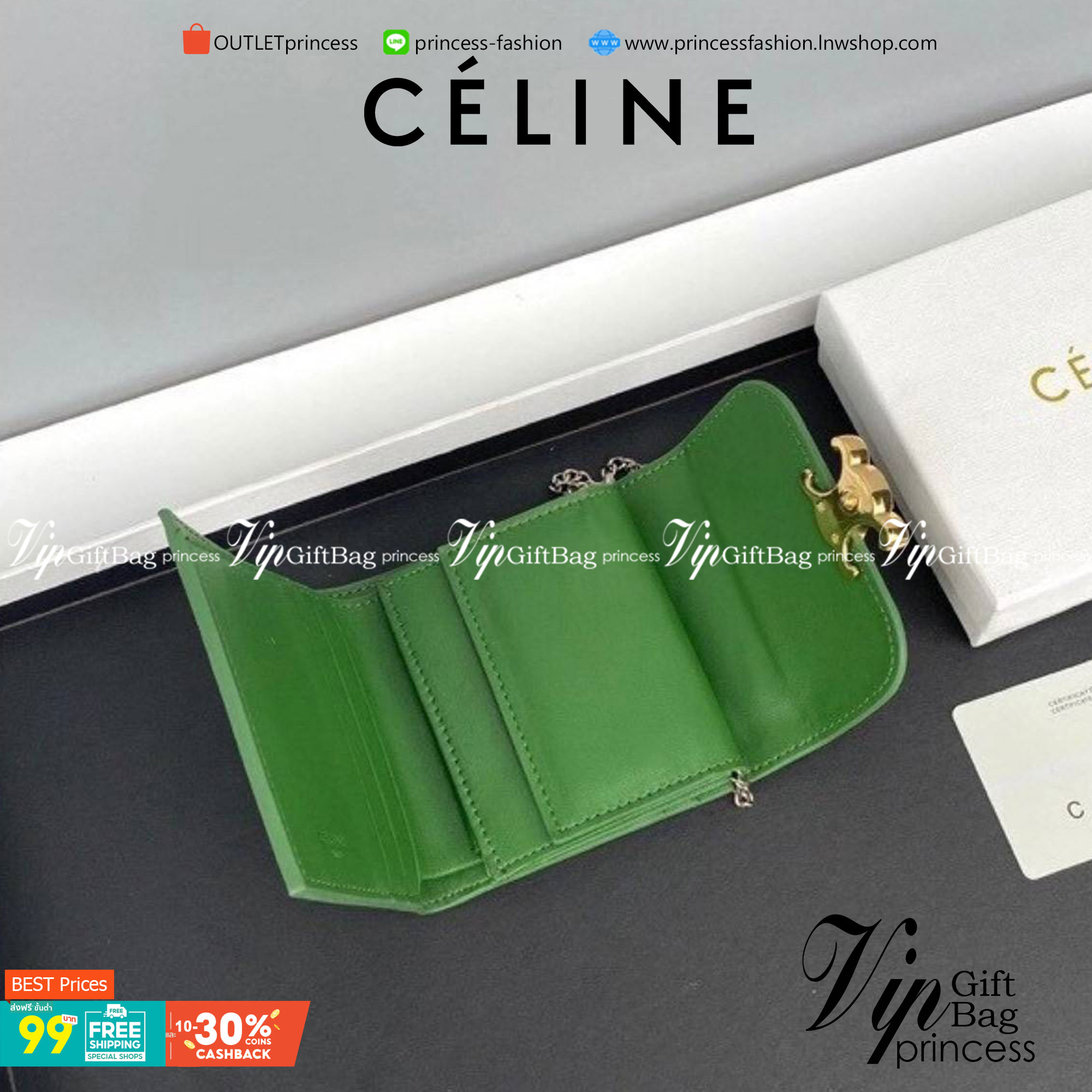 สีใหม่พร้อมส่ง! สีเขียวเหนี่ยวทรัพย์! และสีดำสุดคลาสสิค CELINE SHORT WALLET VIP GIFT WITH PURCHASE (GWP) หนังเรียบสวยอยู่ทรงมีโลโก้ด้านหน้าเปิดปิดด้วยฝาพับกระดุม ภายในมีช่องแบ่งหลายช่อง มีช่องใส่บัตรหลายช่อง ช่องใส่เหรียญ ช่องใส่ธนบัตร ใส่แบงก์พันได้เหมือ