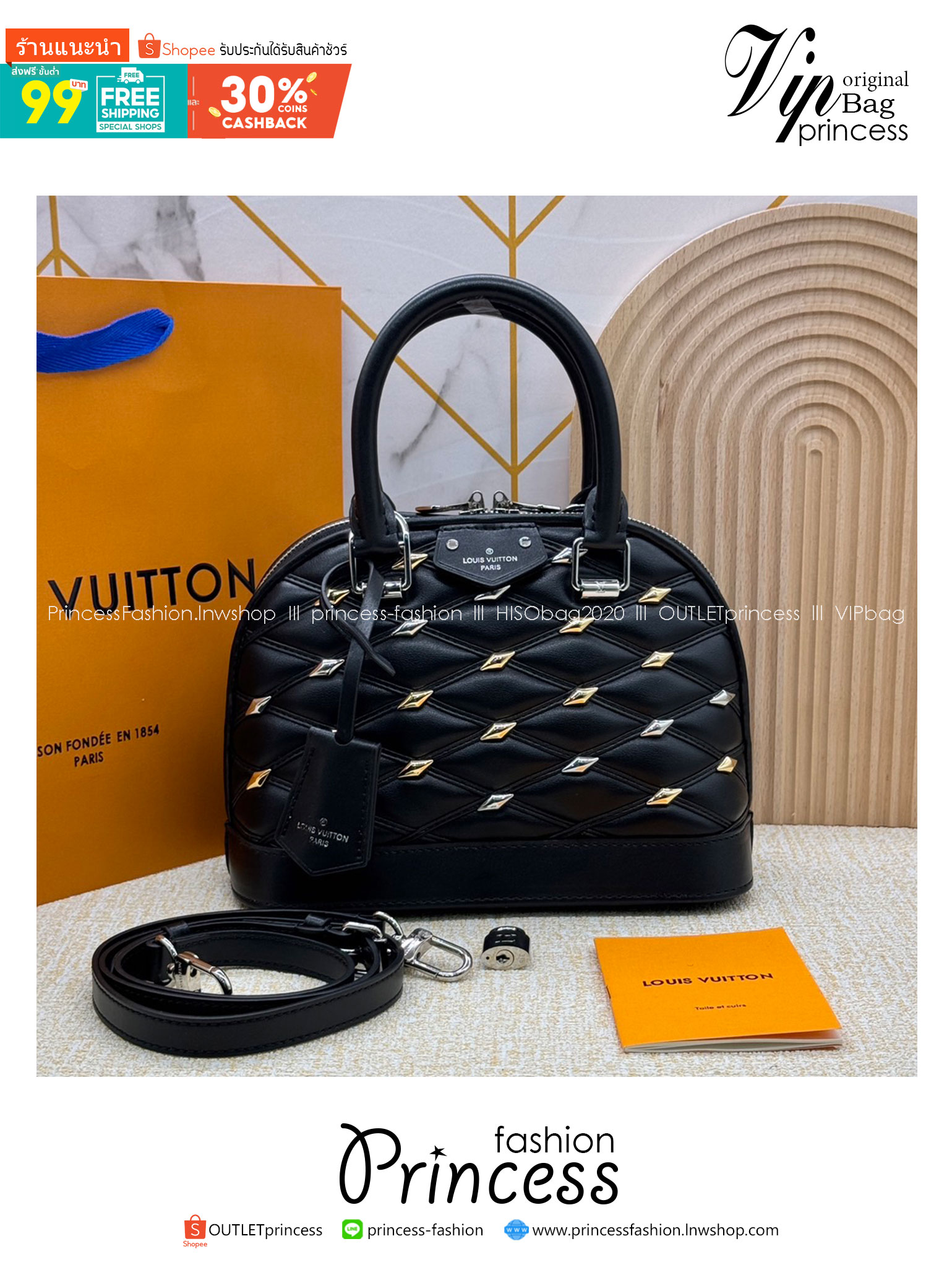 LV Alma BB handbag with a diamond Luxury Malletage Leather Bag กระเป๋าถือสะพาย เกรดออริ 1:1