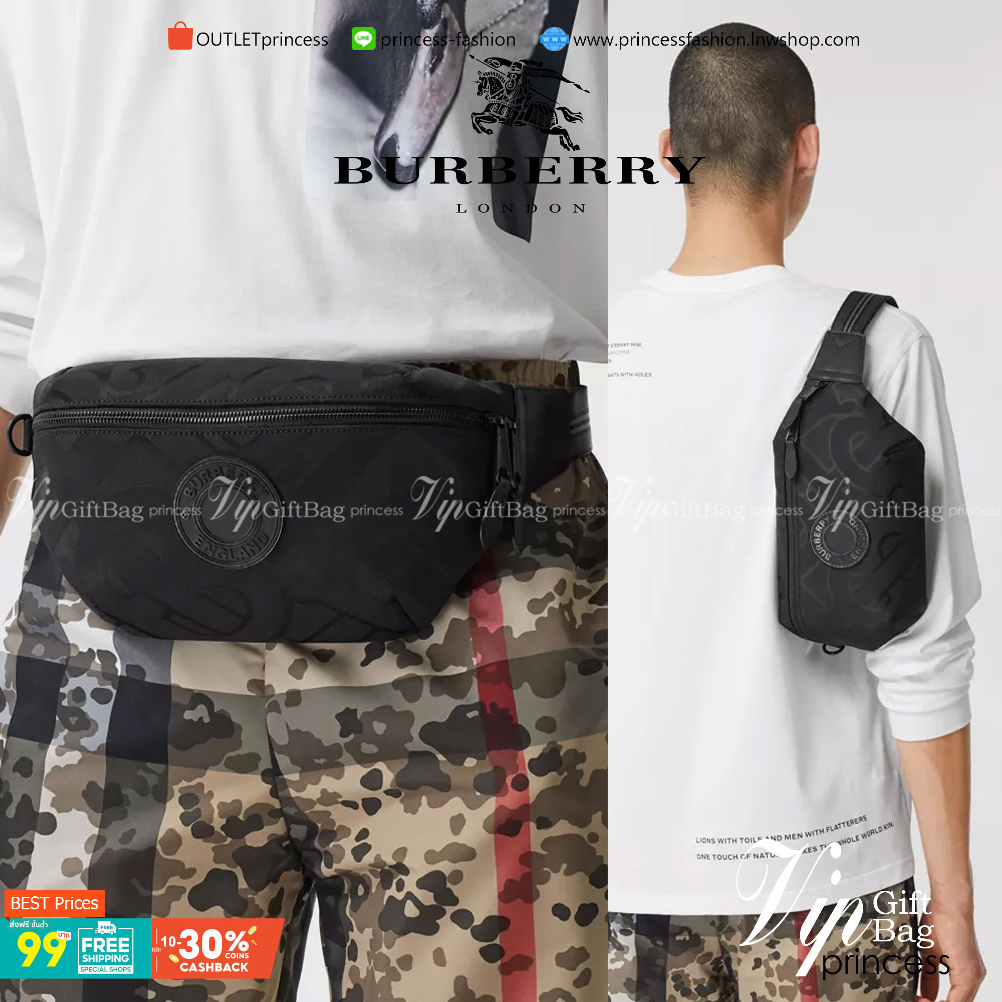 BURBERRY FRAGRANCES MONOGRAM BELT BAG VIP GIFT WITH PURCHASE (GWP) กระเป๋าพรีเมี่ยมกิ๊ฟ Limited จากน้ำหอม BURBERRY วัสดุ100%POLYAMIDE (Nylon & Canvas) น้ำหนักเบามีโลโก้ด้านหน้าเปิดปิดด้วยซิปหัวซิปแบรนด์ ด้านหลังมีช่องซิป ภายในมีโลโก้ใช้ใส่มือถือ กระเป๋าสต