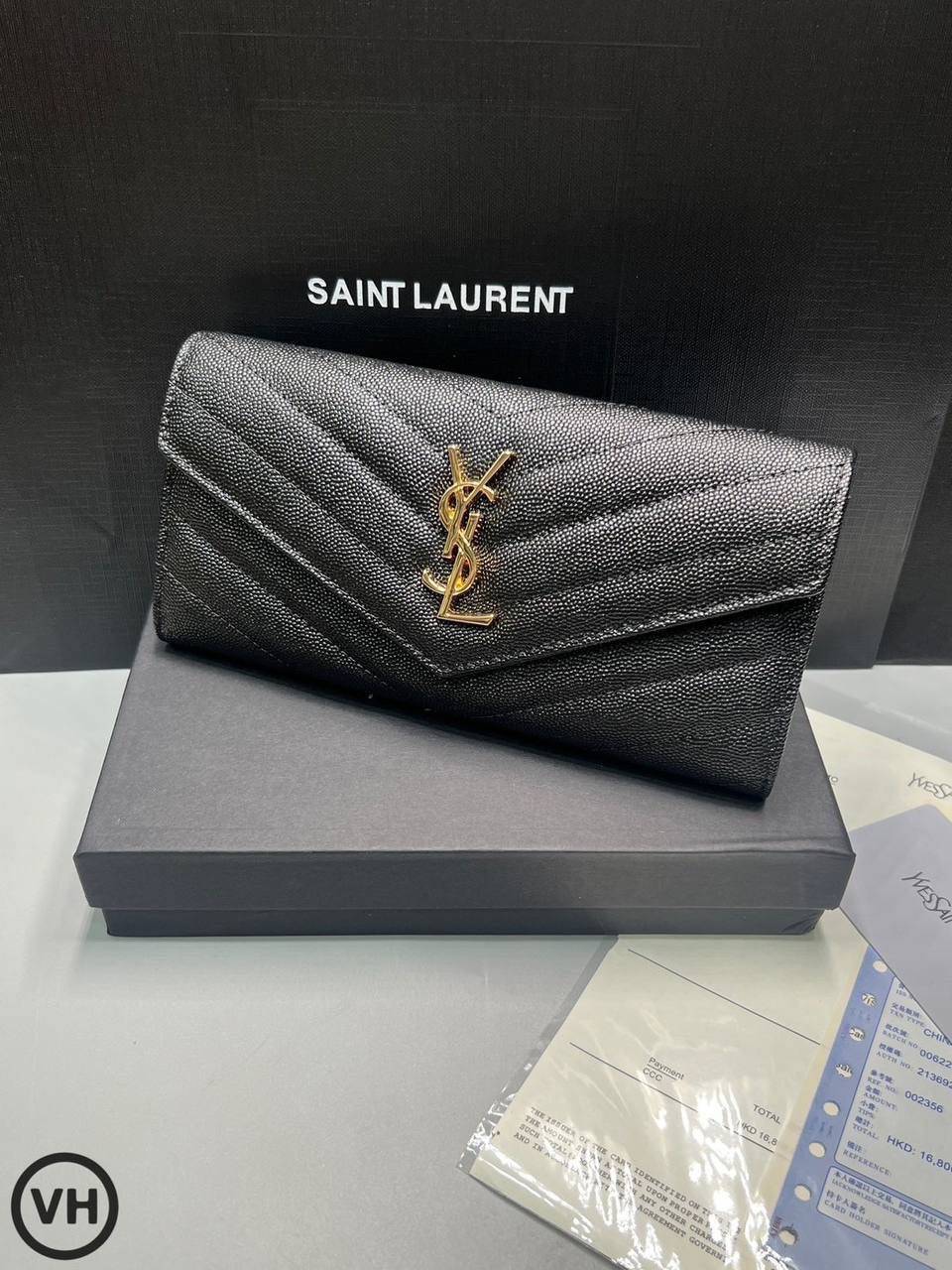 ORI หนังแท้ | YSL CASSANDRE MATELASSE large flap wallet / YSL Long Wallet กระเป๋าสตางค์ใบยาวแบบมีฝาปิดกระดุมแป๊ก