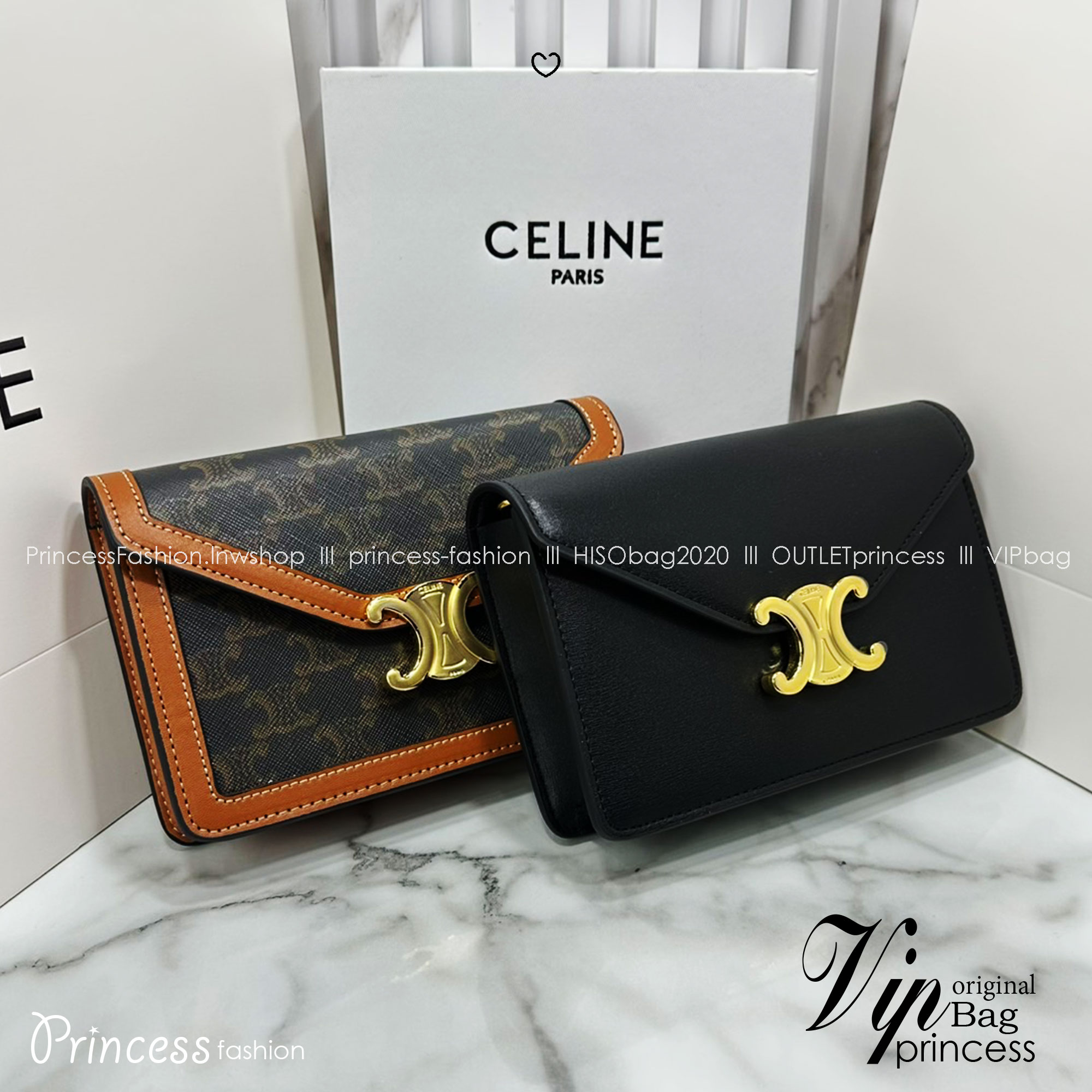 ORI หนังแท้ | CELINE WALLET ON CHAIN MARGO IN TRIOMPHE กระเป๋าสะพายสวยอยู่ทรงตั้งได้ รูปทรงย้อนยุคสไตล์วินเทจลัคชู ดีไซน์เอกลักษณ์ ขนาดกำลังดี