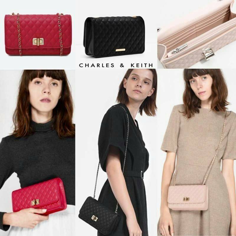 Charles&kieth quilted chain strap bag กระเป๋าขนาดมินิคลัช หนังPU เย็บตารางนูนทั้งใบ ด้านหน้าเปิด/ปิด แบบตัวบิดหมุน ด้านหลังมีโลโก้แบรนด์นูน ภายใน มีช่องใหญ่ ประกอบด้วย ช่องซิป ช่องการ์ด และมีช่องย่อย ใส่ของได้จุคุ้มสุด ๆ พกพาสะพายได้ทุกวัน น้ำหนักเบา จะสะ