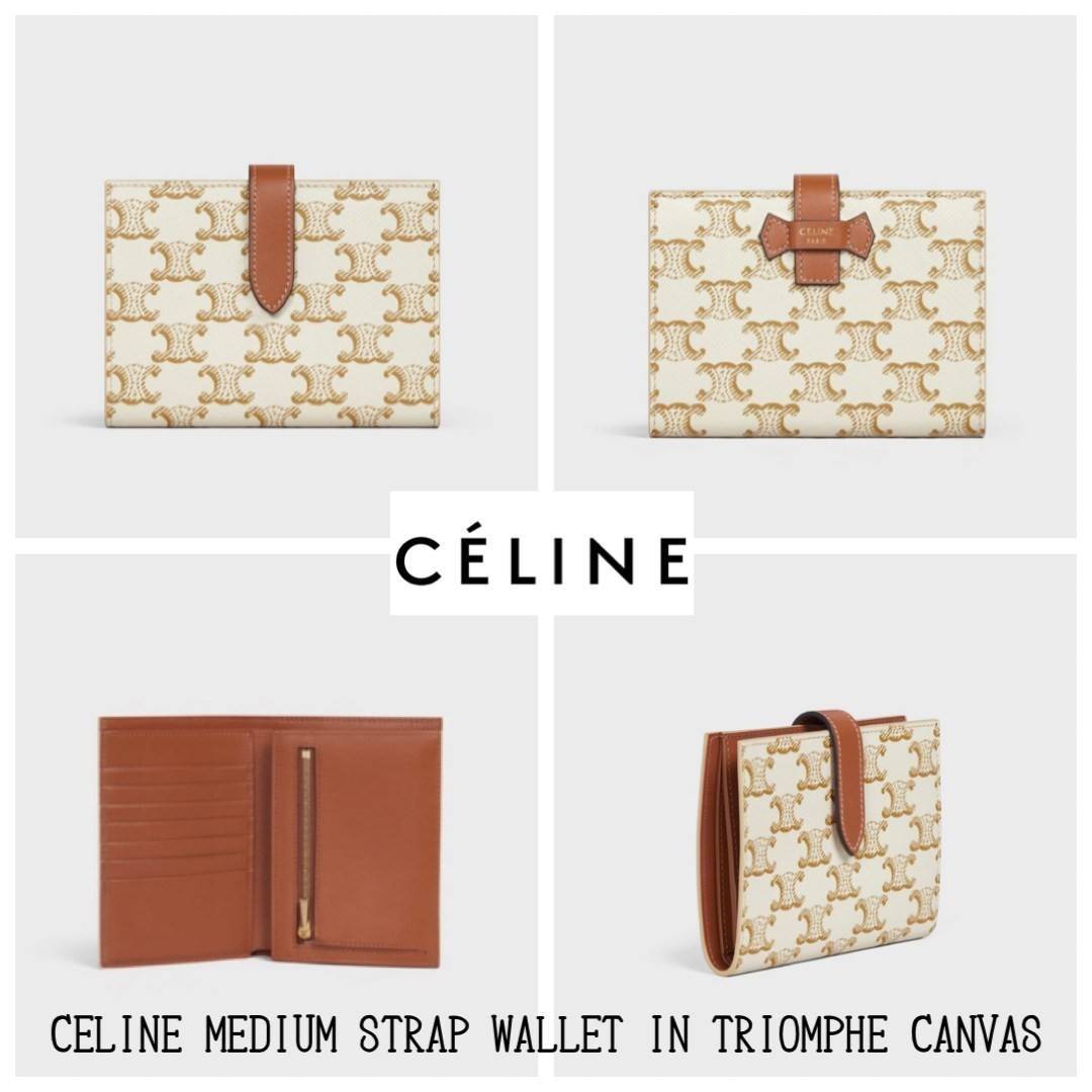 CELINE MEDIUM STRAP WALLET IN TRIOMPHE CANVAS กระเป๋าสตางค์ขนาดกลาง ถือแล้วจะให้ความรู้สึกที่คล้ายกับกระเป๋าคลัทช์ ดีไซน์ทันสมัยให้ใช้งานได้แบบครบครัน เป็นกระเป๋าสตางค์ ที่มีช่องสำหรับใส่ ธนบัตร เหรียญ และบัตรต่าง ๆ ใช้งานแบบ2ด้าน มีลวดลายTriomp ที่เป็นซิ