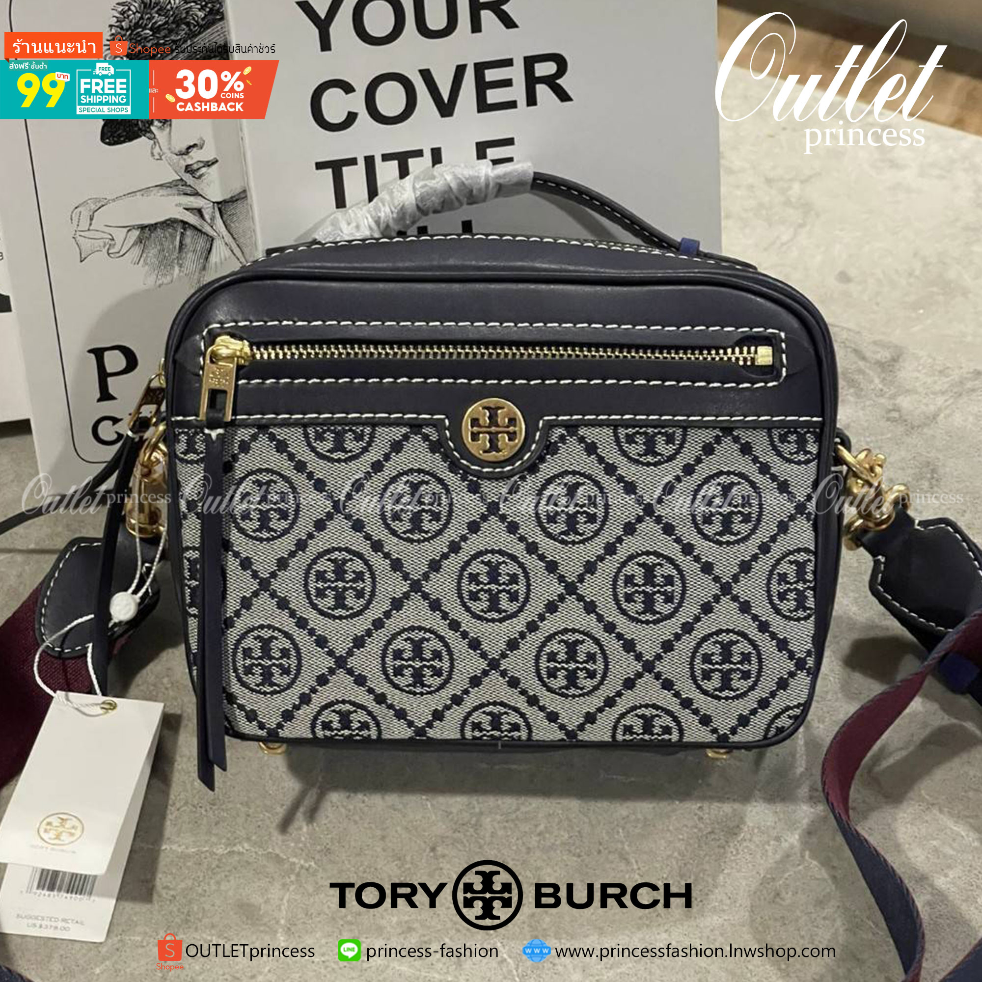 TORY BURCH T MONOGRAM JACQUARD CAMERA BAG การออกแบบที่เรียบง่าย แต่ยังคงความหรูหราเอาไว้ โดดเด่นด้วยลวดลาย T Monogram