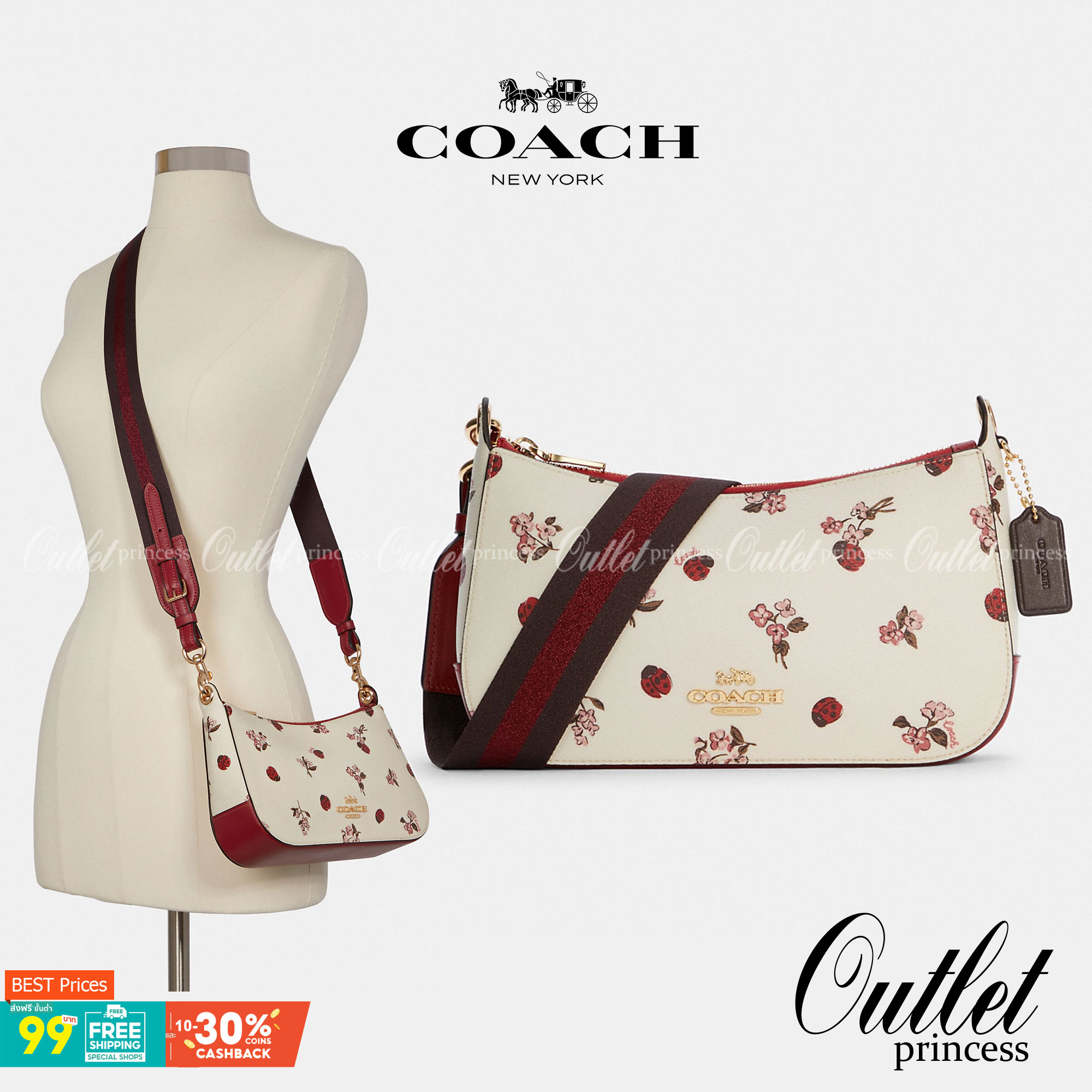 COACH C7973 JES BAGUETTE WITH LADYBUG FLORAL PRINT คอลเลคชั่นใหม่ล่าสุด พร้อมเสิร์ฟความสวยถึงบ้านเช่นเคย!! กระเป๋าสะพายทรงบาแกตต์ ดีไซน์ย้อนยุค ที่แอบแฝงความเรียบหรูดูแพงอยู่ในตัว โดดเด่นด้วยสายสะพายเส้นใหญ่ โทนสีคอนทราส ทำให้ไอเท็มนี้ดูมีลูกเล่นมากขึ้น ว