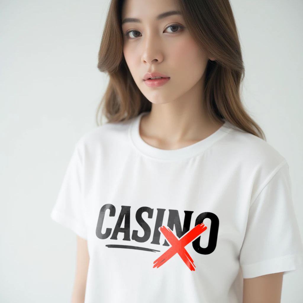 77DESIGN เสื้อยืด ไม่เอาคาสิโน anti casino สีขาว ผ้าคัตตอนเนื้อดี