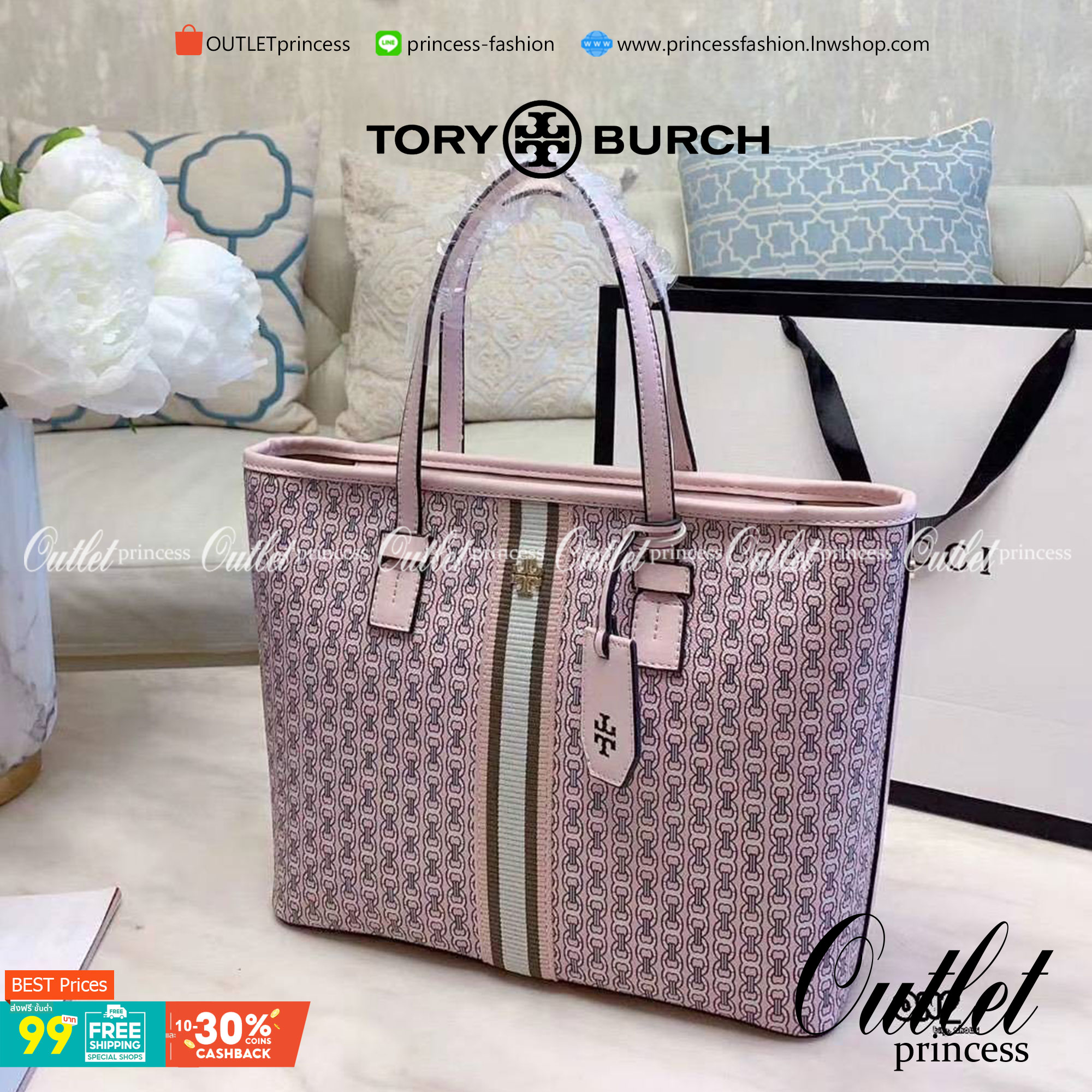 TORY BURCH TOTE BAG กระเป๋าสะพายไหล่ทรงชอปปิ้ง รุ่นขายดีอันดับ1 ของแบรนด์นี้นะคะ ทรงคลาสสิค ฮิตตลอดกาล ทรงสวยขนาดกำลังดี ตัวกระเป๋า วัสดุหนัง Pu ด้านหน้าติดโลโก้แบรนด์ /ประดับด้วยพวงกุญแจหนัง ตัดแถบแนวเส้นตรงวัสดุผ้าแคนวาส เปิดปิดด้วยซิปรูด ภายในช่องหลัก 