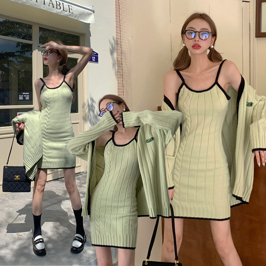 พร้อมส่ง 🐈🩰🎀 Simon dress & cardigan เดรสสายเดี่ยว เสื้อคลุมผ้าไหมพรมทรงสวย (แยกชิ้น) (IN38125)