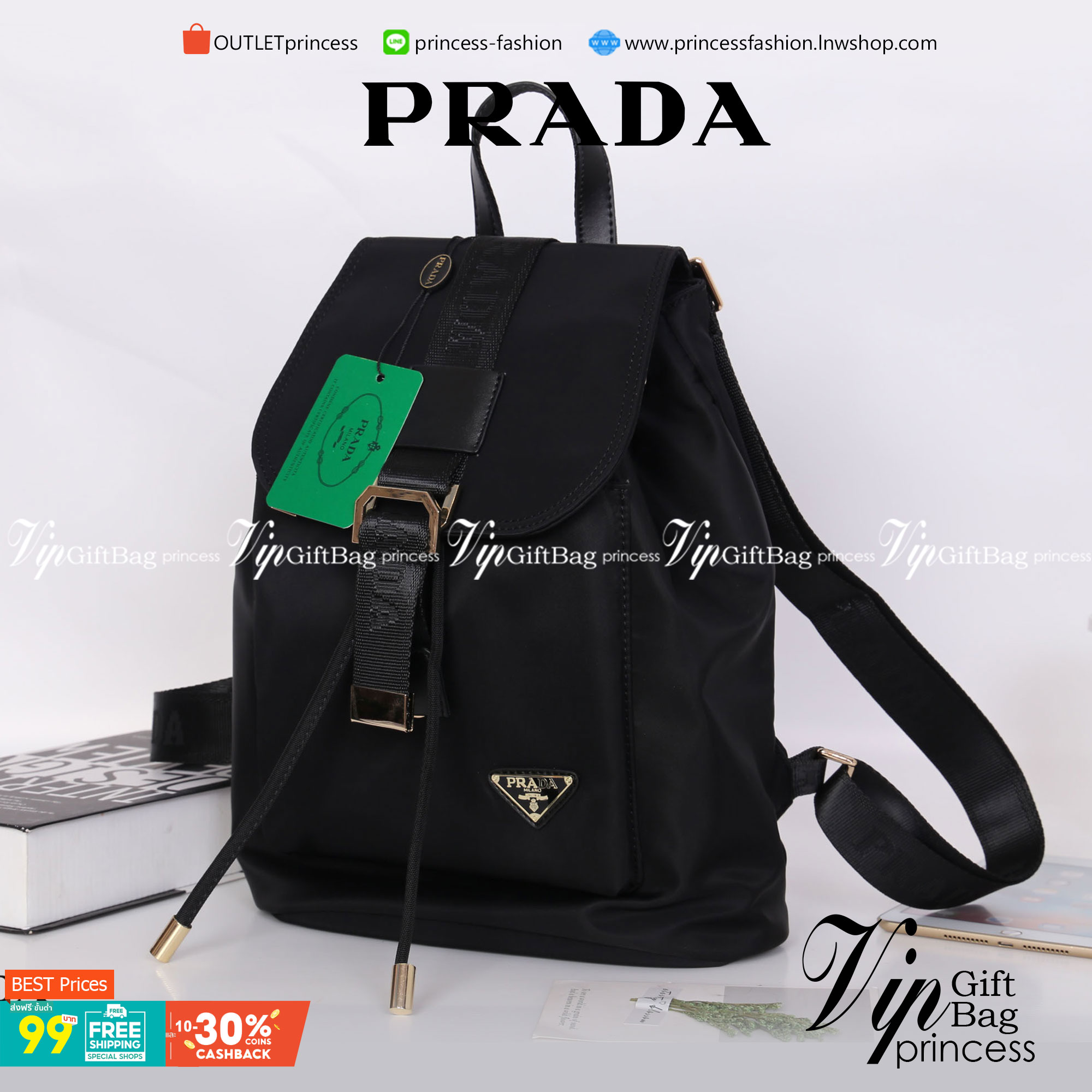 Prada Nylon Drawstring Backpack Bag สินค้า Premium gift จากเค้าเตอร์แบรนดืต่างประเทศ แท้ 100% กระเป๋าสะพายเป้ รุ่น Limited Edition VIP GIFT ทำจากวัสดุผ้า Nylon เนื้อหนา คุณภาพดี ทรงสวย ดีไซน์เกร๋ สไตล์ Prada ด้านหน้ามีช่องกว้างใส่ของจุกจิก อะไหล่ทอง สวยหร
