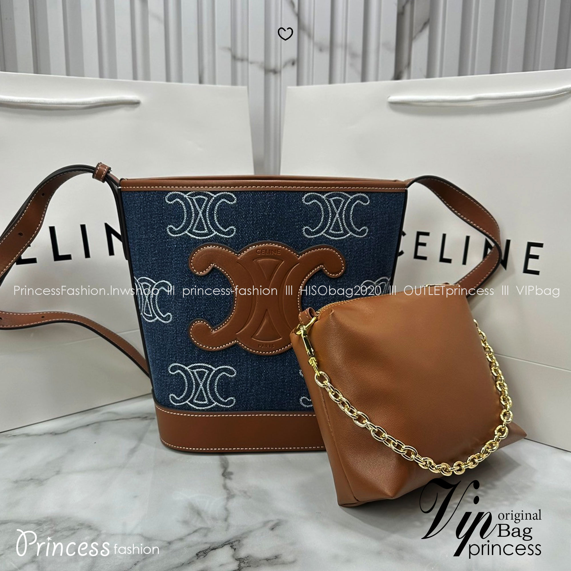 CELINE BUCKET CUIR TRIOMPHE bag in denim with full Triomphe กระเป๋าสะพายทรงบัคเก็ตเดนิม ปักลายแบรนด์สีขาวสวยโดดเด่น พิเศษพร้อมใบลูกสะดวกใช้งาน รุ่นฮิตข้ามปี งานสวยเรียบหรู ผู้ดีไปอีก