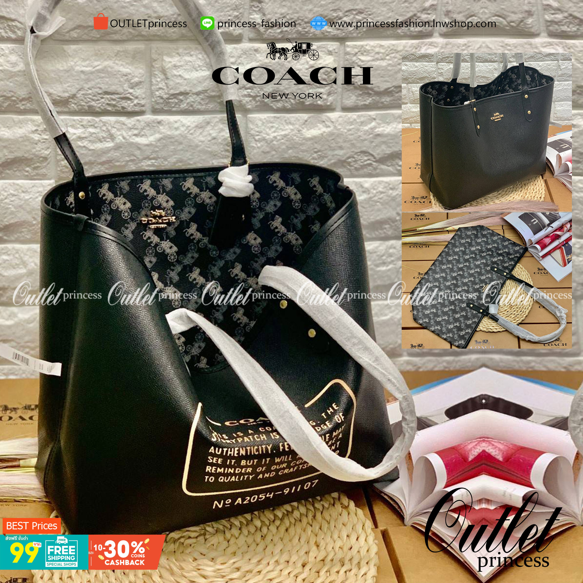 COACH 91107 REVERSIBLE CITY TOTE WITH HORSE AND CARRIAGE PRINT ใช้ได้ 2 ด้าน 🔺ทรง Tote รุ่นแนะนำค่ะ!! วัสดุ pvc อย่างดี นิ่มยวบตัวสวย ลายรถม้าทั้งใบค่ะ (ในไทยหายากค่ะลายนี้) 📌สามารถใช้ได้ทั้งด้านในและด้านนอกนะคะ สวยทั้ง2ด้านเลยทีเดียว เป็น