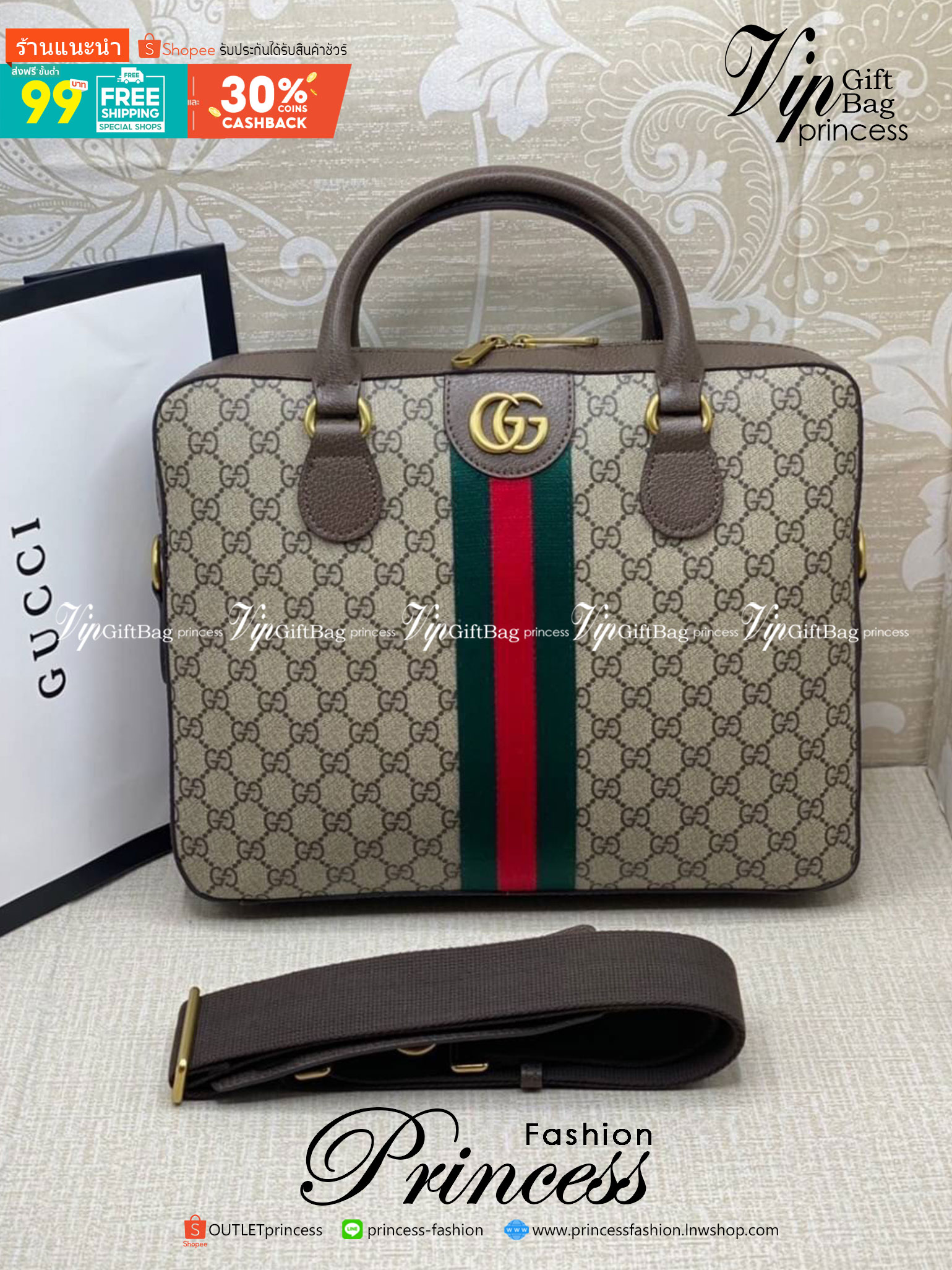 Gucci Ophidia GG Supreme Briefcase พร้อมส่งที่ไทย ภาพสินค้าถ่ายจากงานจริง GG Supreme work bag with Web shoulder strap