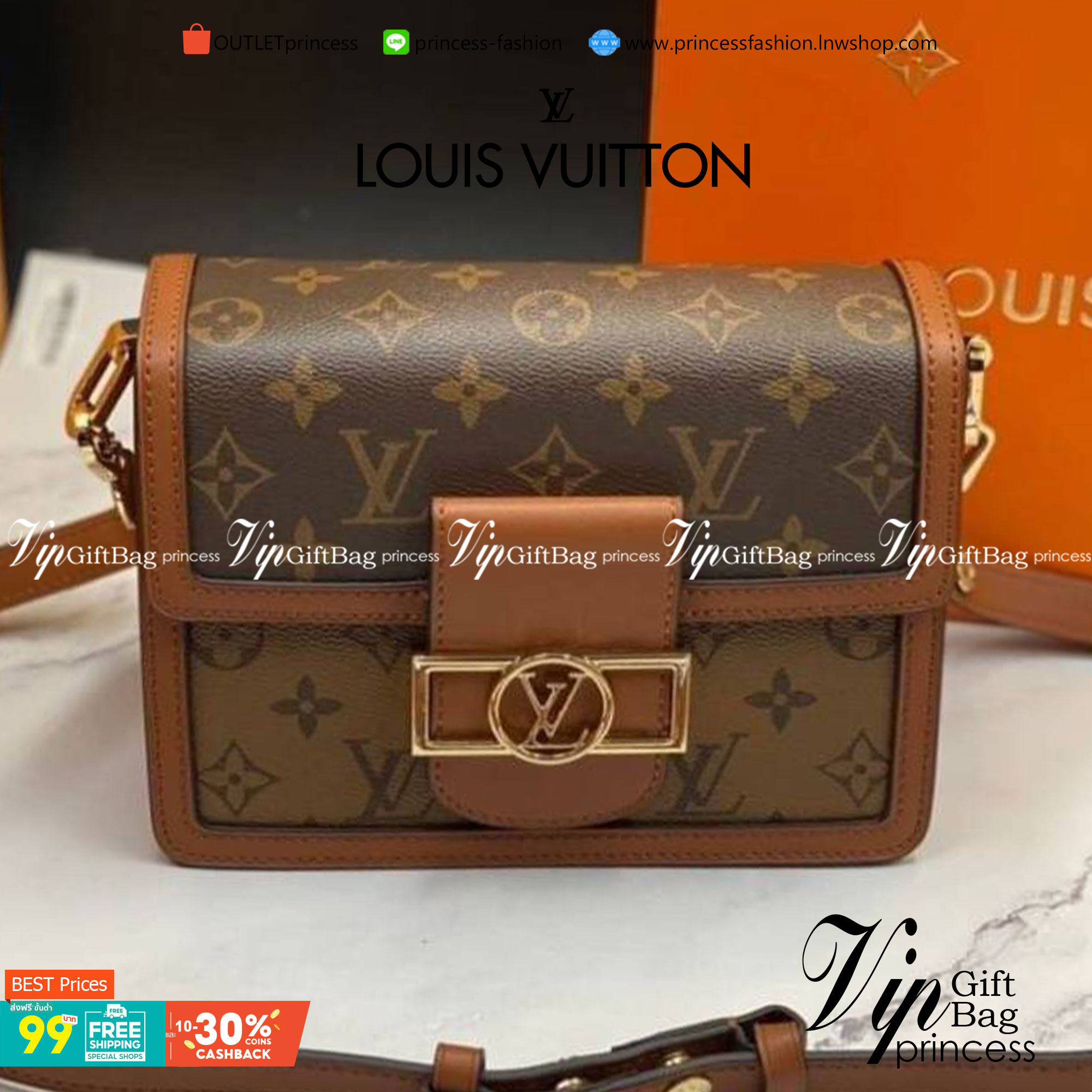 VIP GIFT 】หนังแท้ LOUIS VUITTON DAUPHINE MINI LEATHER HANDBAG - BROWN 20cm
