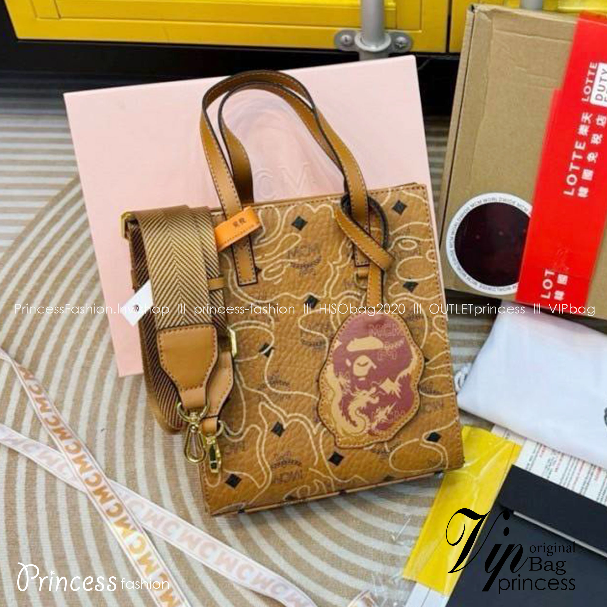 M.C.M X BAPE AREN TOTE IN VISETOS กระเป๋าทรงโท้ท รุ่นใหม่ BAPE® CAMO สวยเท่ เกรดไฮเอน 1:1 ใช้งานต่างประเทศได้