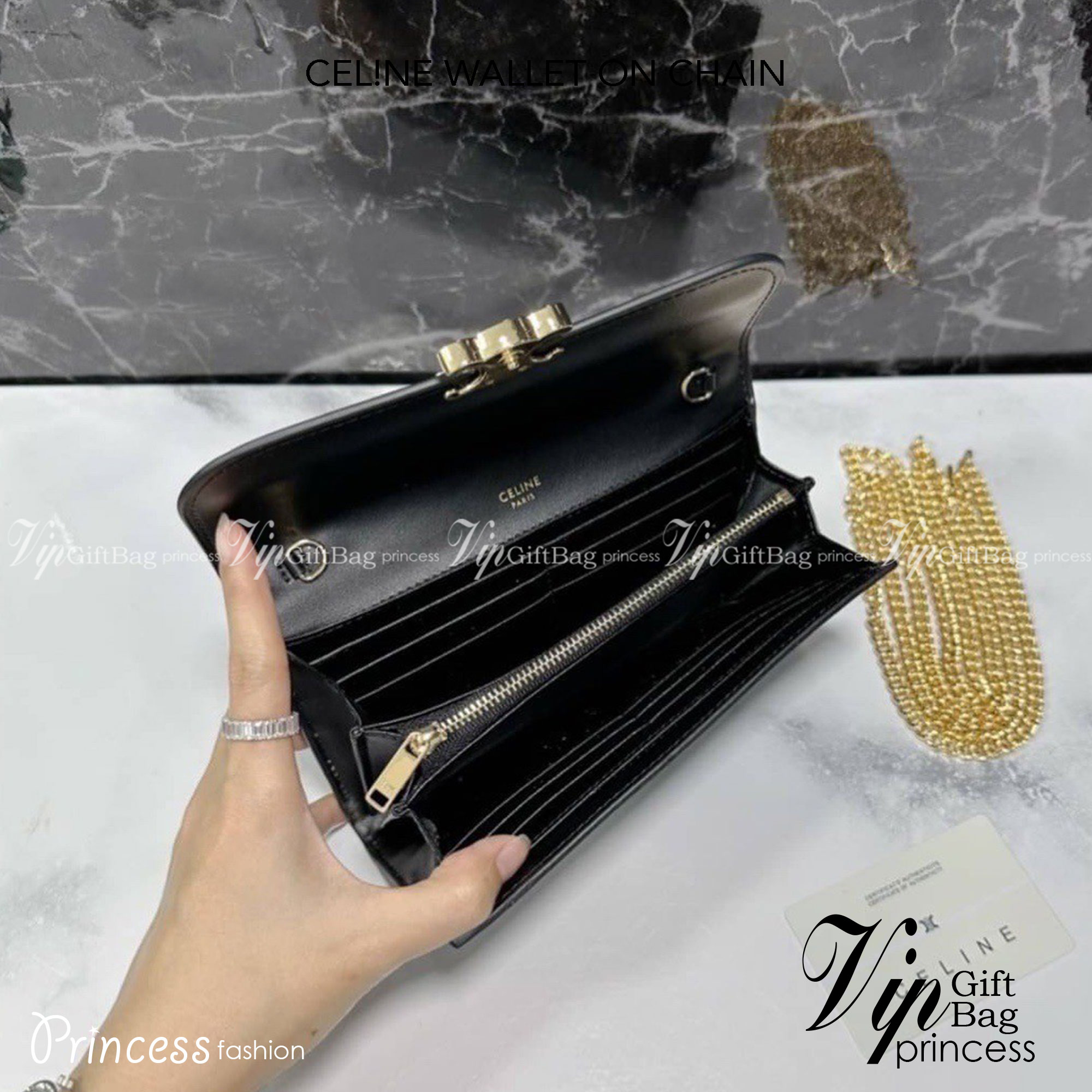 CELINE WALLET ON CHAIN TRIOMPHE IN SHINY CALFSKIN BLACK กระเป๋าสตางค์ใบยาว พร้อมสายสะพายโซ่สีทองถอดออกได้ หรูหรา มีช่องซิปกลางและช่องใส่การ์ด ใช้งานสะดวกสะพายได้ทุกวัน