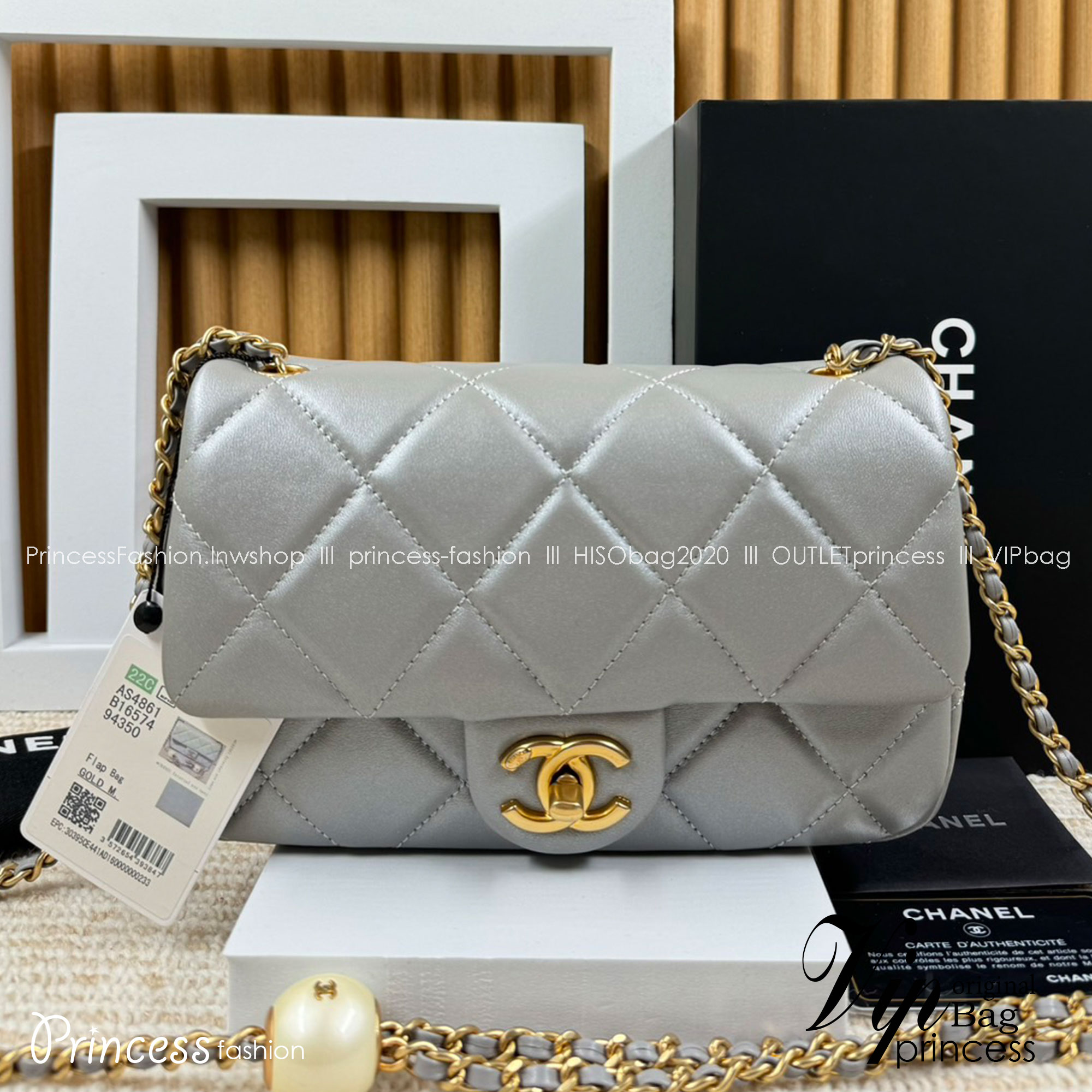 CHANEL FLAP BAG Pearls & Gold-Tone Metal กระเป๋าสะพายดีไซส์คลาสสิคหนังแท้แต่งมุก เกรดออริ สลับแท้ 1:1 ใช้งานต่างประเทศได้