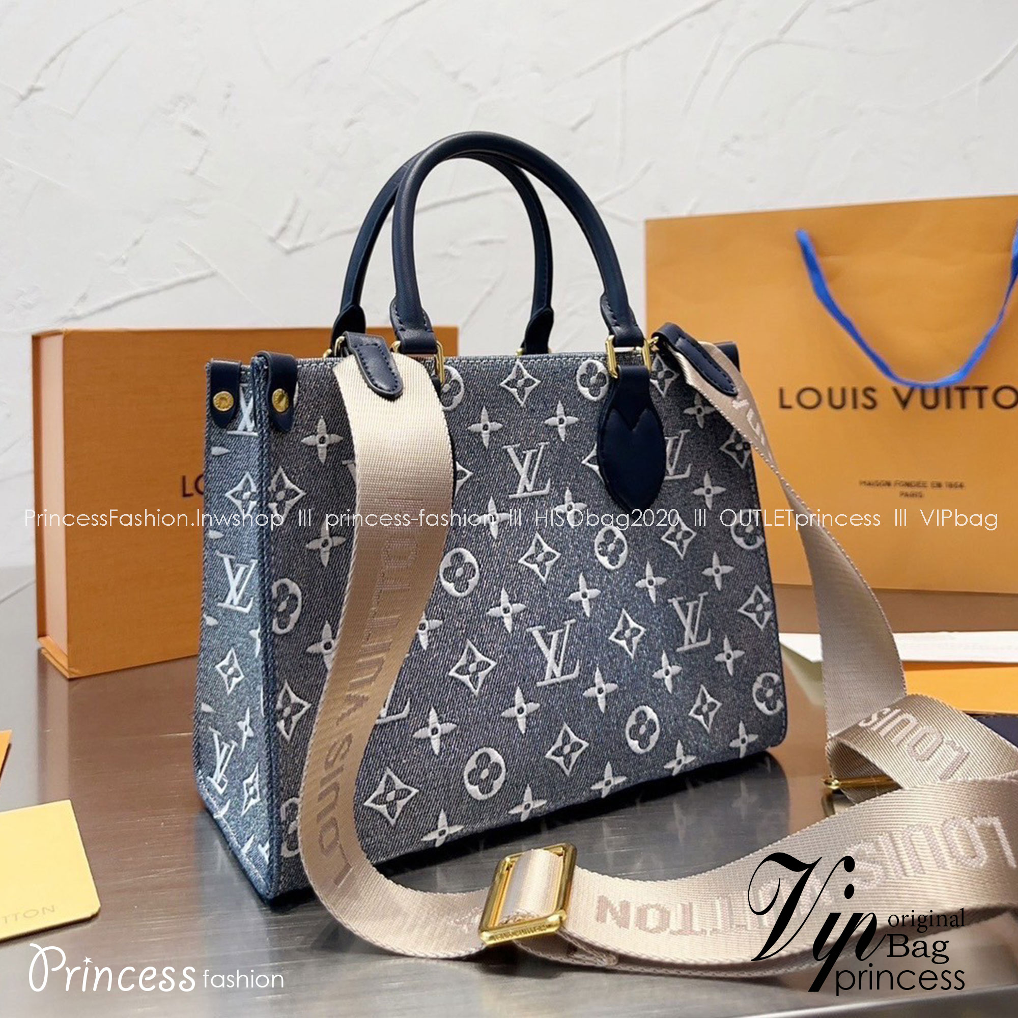 LV OnTheGo Denim / LV Tote Denim Bag กระเป๋าทรงโท้ทงานผ้าเดนิมสังเคราะห์ปักลายโมโนแกรม คูลสุด ใครเห็นต้องเป็นคลั่งรัก