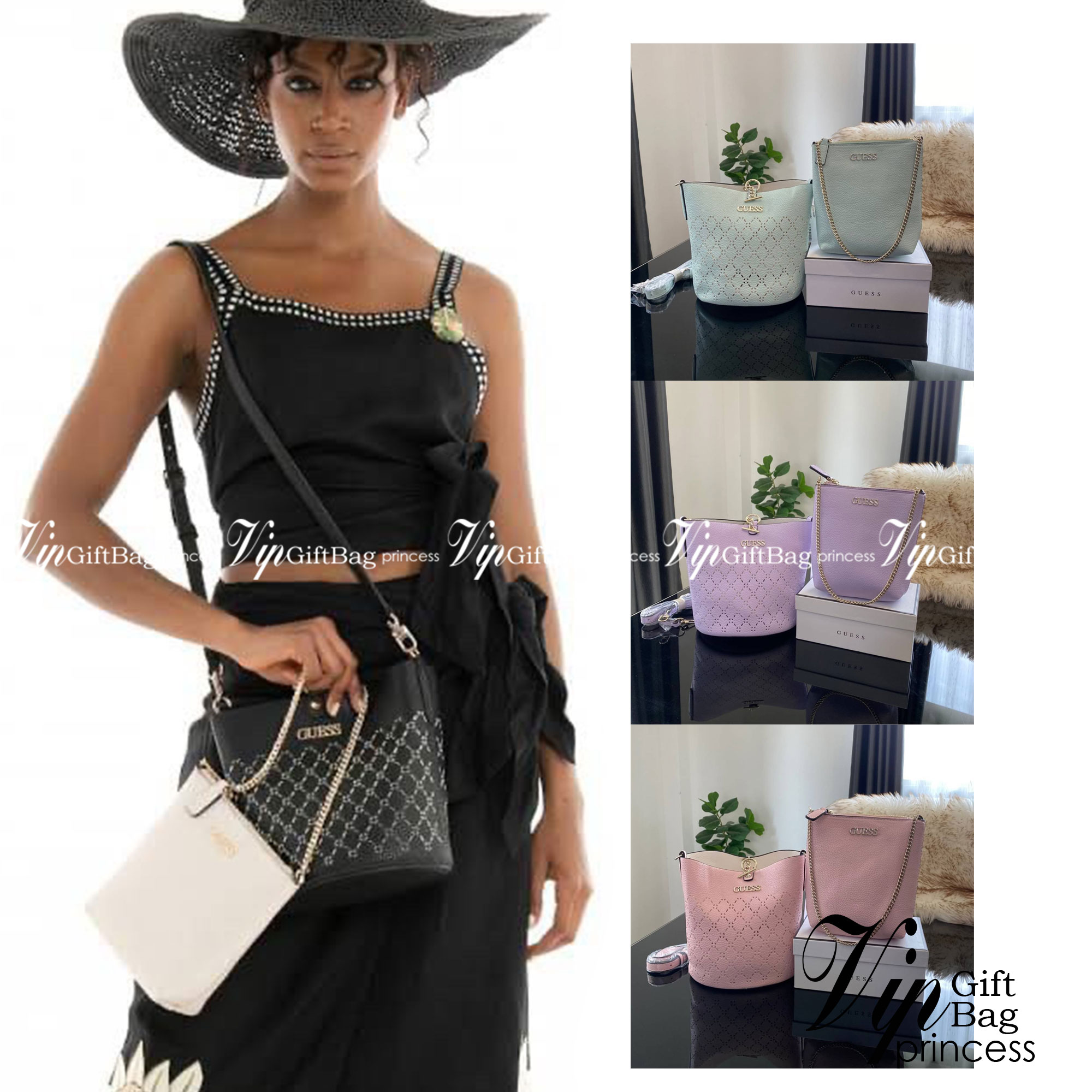 Guess Amara Bucket Handbag ซื้อ 1 ได้ถึง 2 กระเป๋ารุ่นใหม่ล่าสุดทรงถังสุดน่ารัก พิมพ์ลายรอบใบ วัสดุหนังนิ่มคุณภาพดี นิ่ม น้ำหนักเบา ด้านหน้าประดับด้วยโลโก้แบรนด์สวยโดดเด่น เปิด-ปิดด้วยด้วยตัวคล้องอะไหล่เงินสะดวกใช้ ด้านในโล่ง มีสายยาวปรับระดับได้มาให้ มาพ