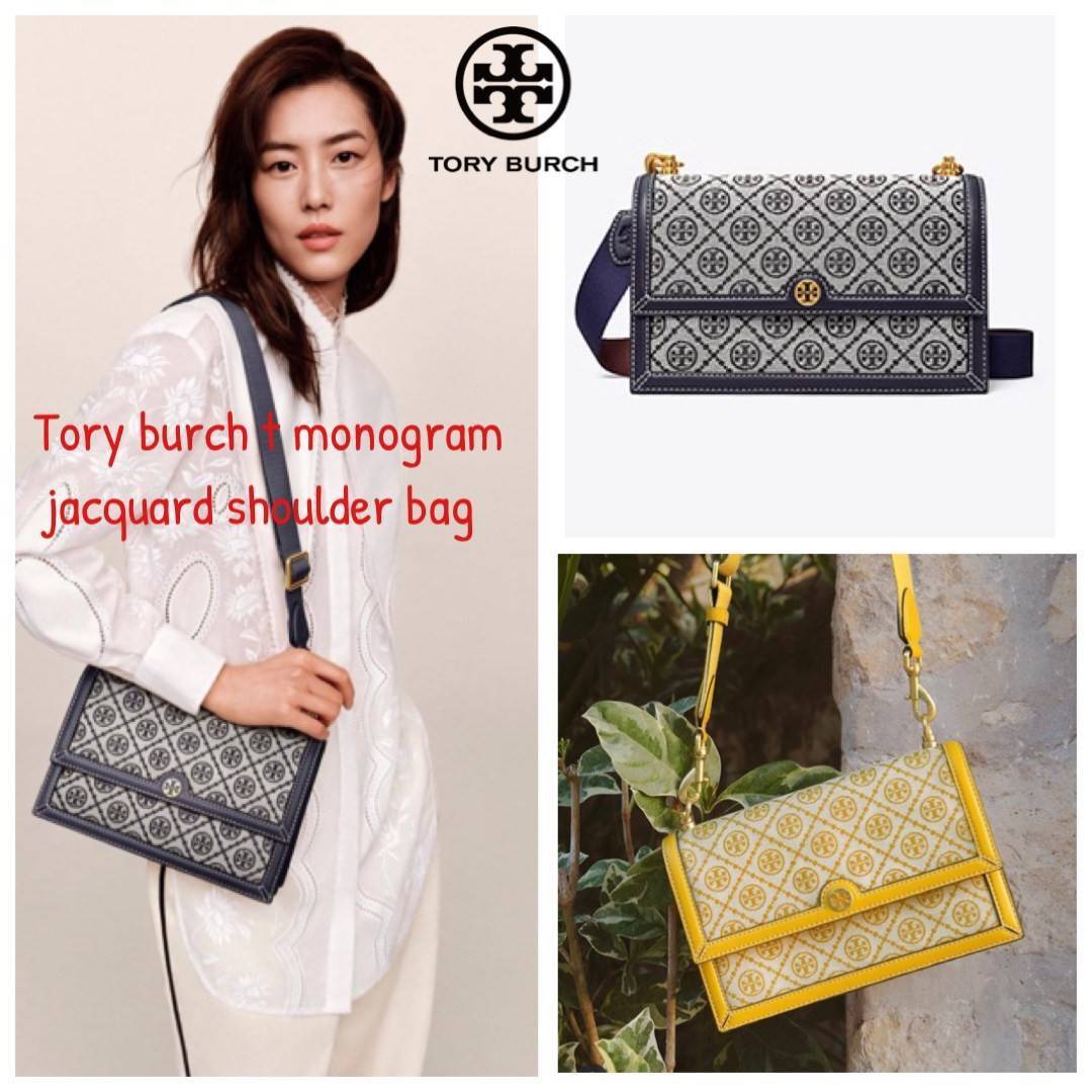 ของแท้ 💯% 】Tory burch t monogram jacquard shoulder bag คอลเลคชั่น T Monogram สำหรับคอลเลคชั่นฤดูใบไม้ผลิ 2021 เราสร้างสรรค์ลายโมโนแกรมที่ได้รับแรงบันดาลใจมาจากลวดลายการถักทอผ้าห่มของชาว Pennsylvania Dutch แบบดั้งเดิม