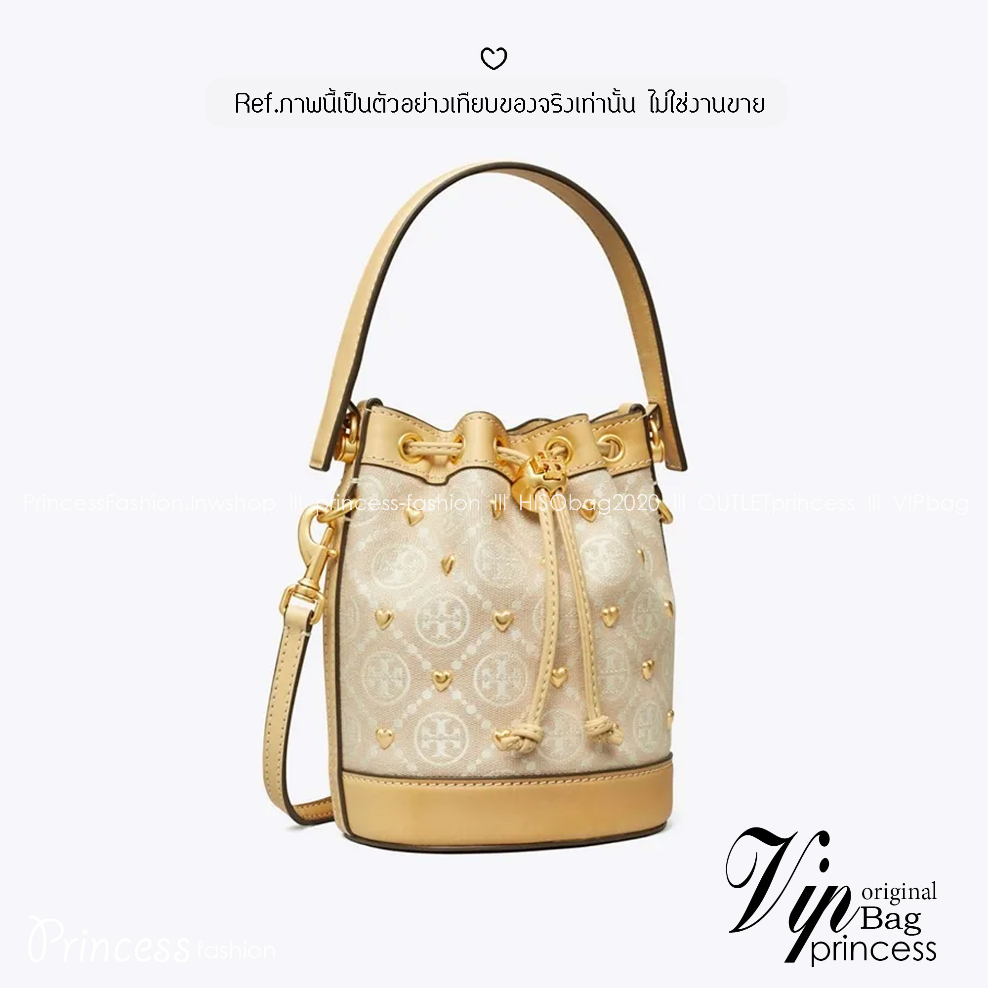 TORY BURCH T MONOGRAM EMBELLISHED MINI BUCKET BAG NEW IVORY MULTI กระเป๋าทรงบัคเก็ตแต่งหัวใจสีทองสวยหรู น่ารักรุ่นใหม่ล่าสุด เกรดท็อปออริ เทียบแท้ 1:1 เกรดดีสุด ใช้งานต่างประเทศได้