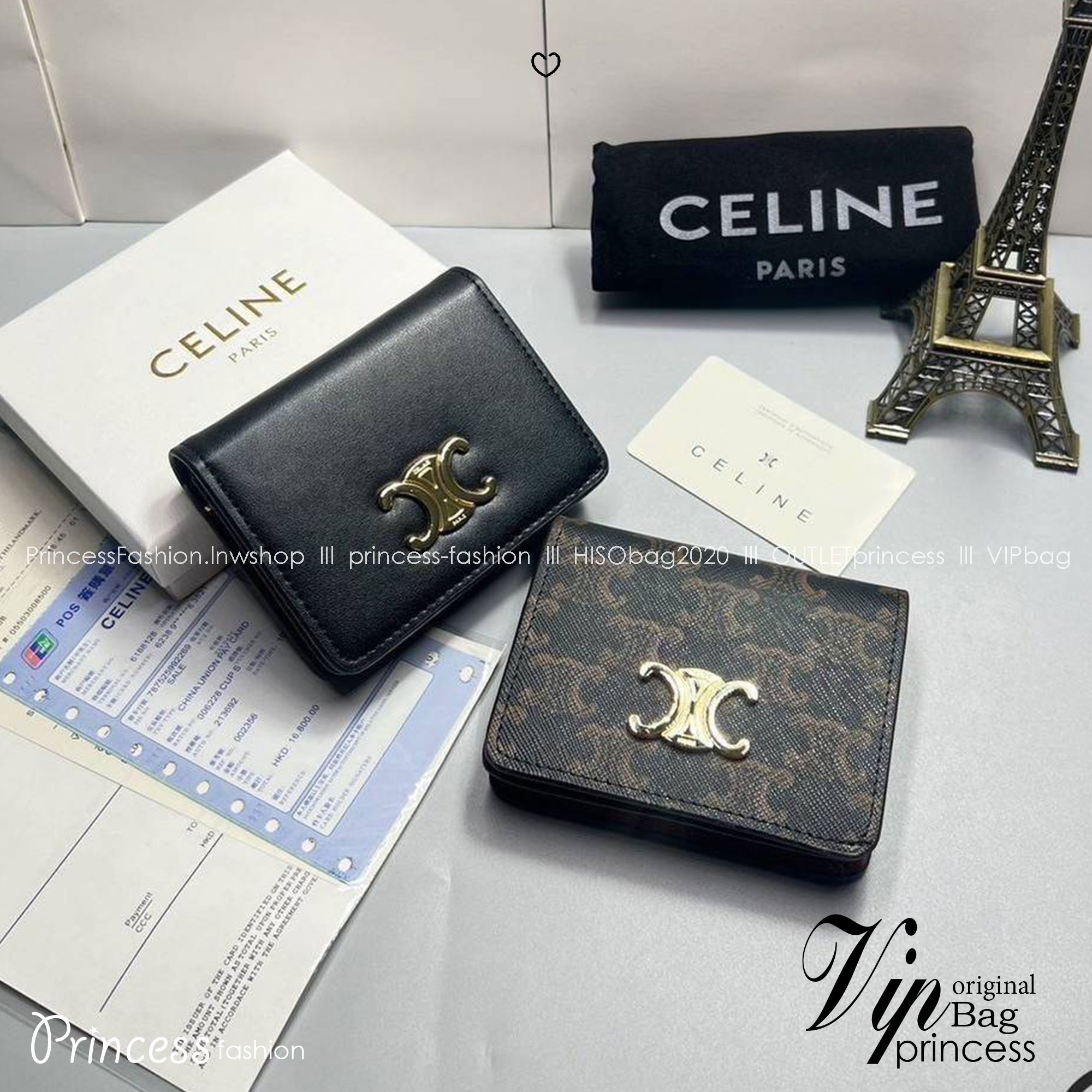ORI หนังแท้ | CELINE Wallet / Celine Triomphe Compact Wallet กระเป๋าสตางค์ใบสั้น 2 พับ กระเป๋าสตางค์ซีลีน