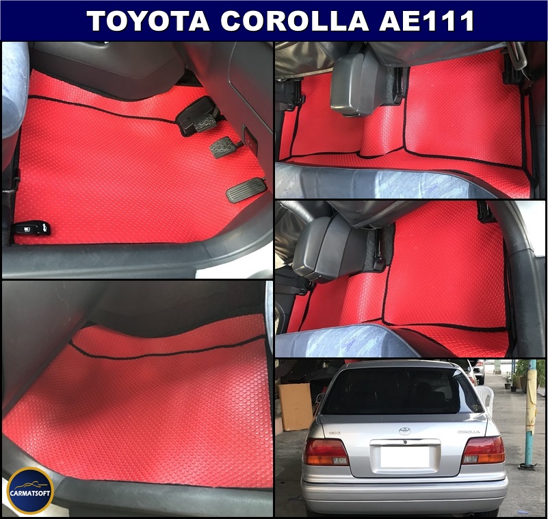ยางปูพื้นรถยนต์ COROLLA AE111 (ตูดเป็ด) กระดุมเม็ดเล็กสีแดงขอบดำ เต็มคัน