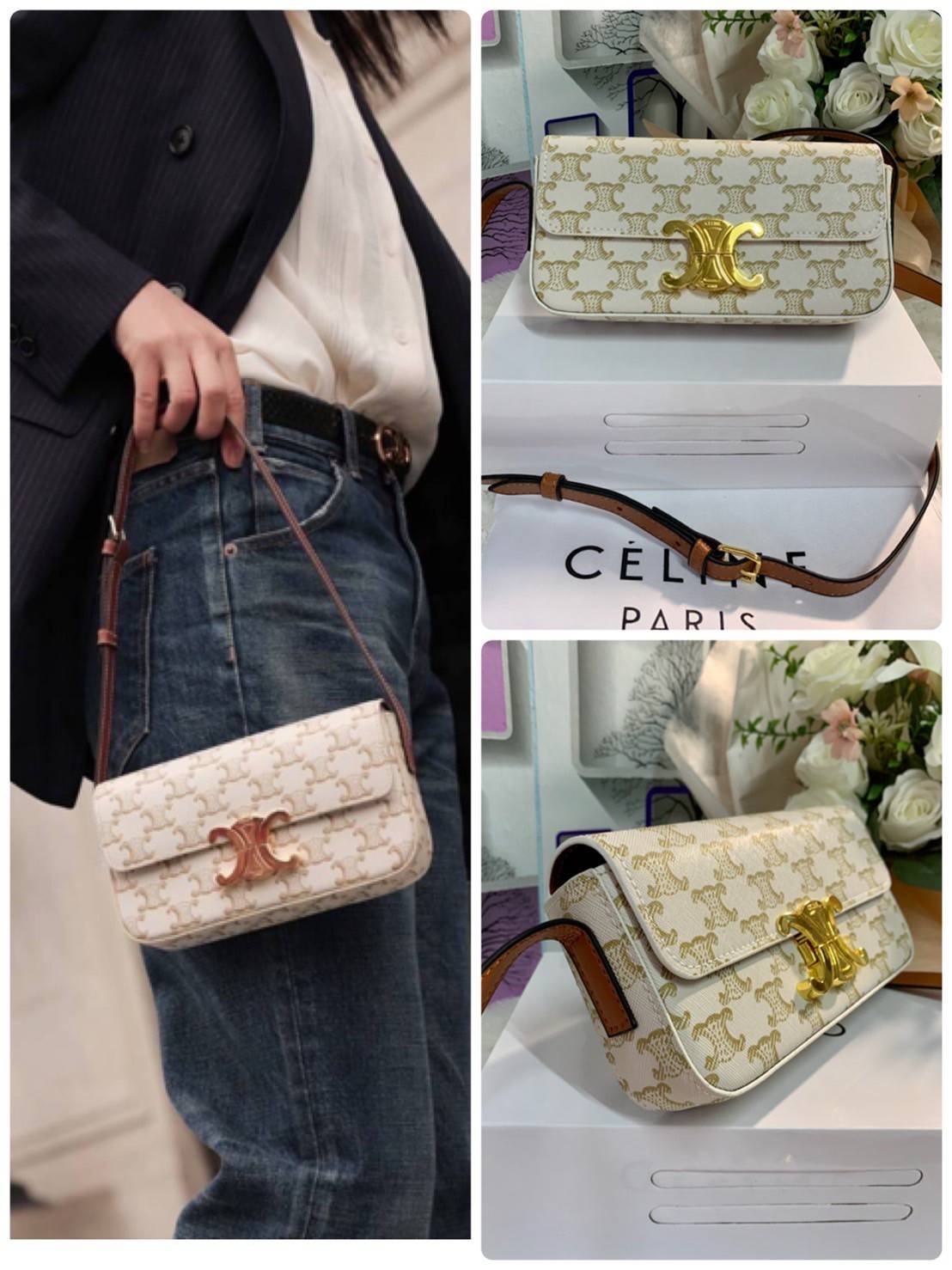 CELINE TRIOMPHE SHOULDER BAG VIP ดีไซน์ยอดนิยมสไตล์สาว LISA ทรงเหลี่ยมหนังSaffianoสวยหรูอยู่ทรง