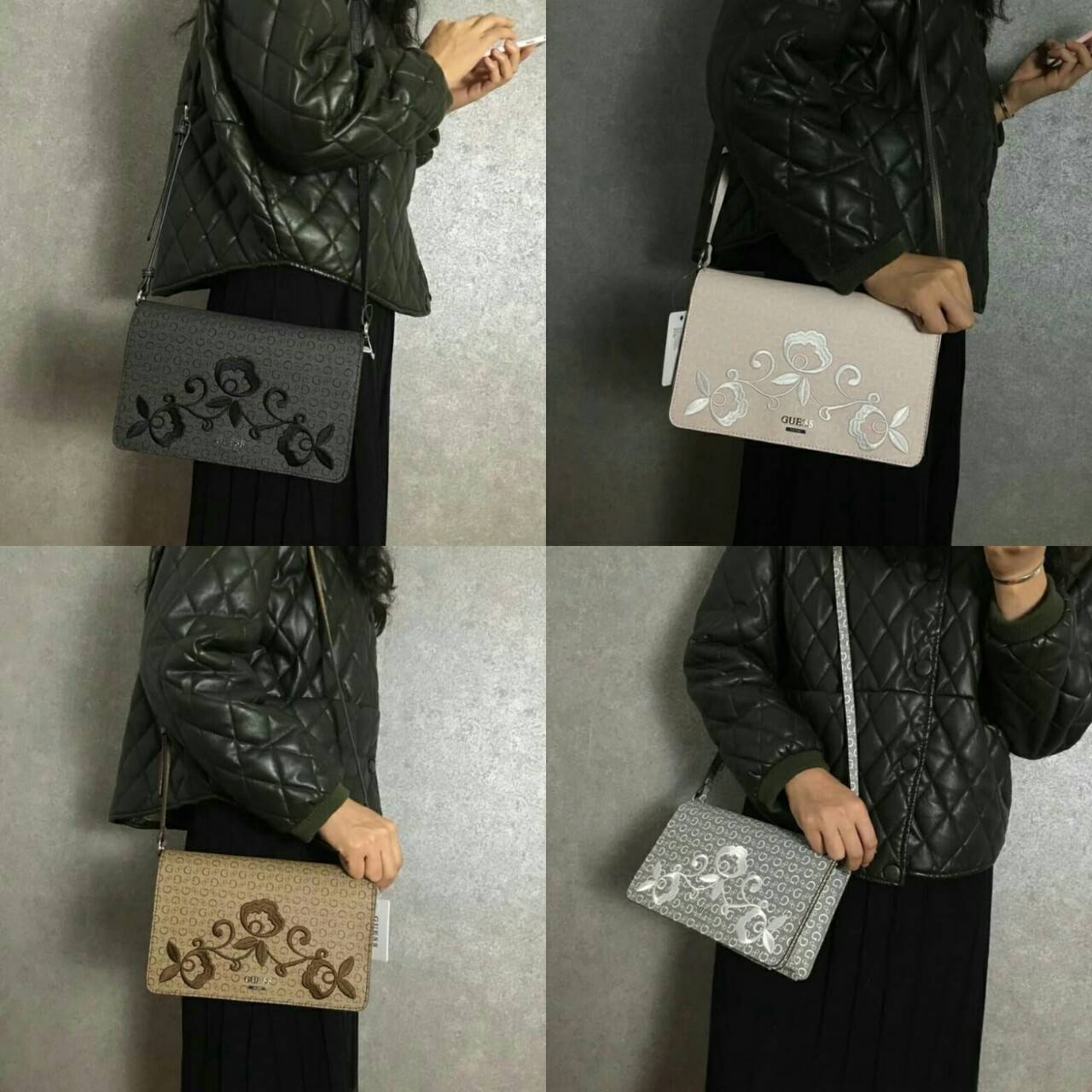 GUESS Embroidery Shoulder Bag กระเป๋าไหล่หรือ crossbody วัสดุหนังแกะเทียม น้ำหนักเบา ตัวกระเป๋าเพ้นท์ลายตัวG ทั้งใบ พร้อมปักรูปดอกไม้ด้านหน้า มาให้ งานปักละเอียด สวยมากๆ ค่ะ เปิดปิดกระเป๋าแบบฝาปิด แม่เหล็ก ใข้งานง่าย ด้านในโล่ง ใส่ ipad mini ได้ และมีช่อง