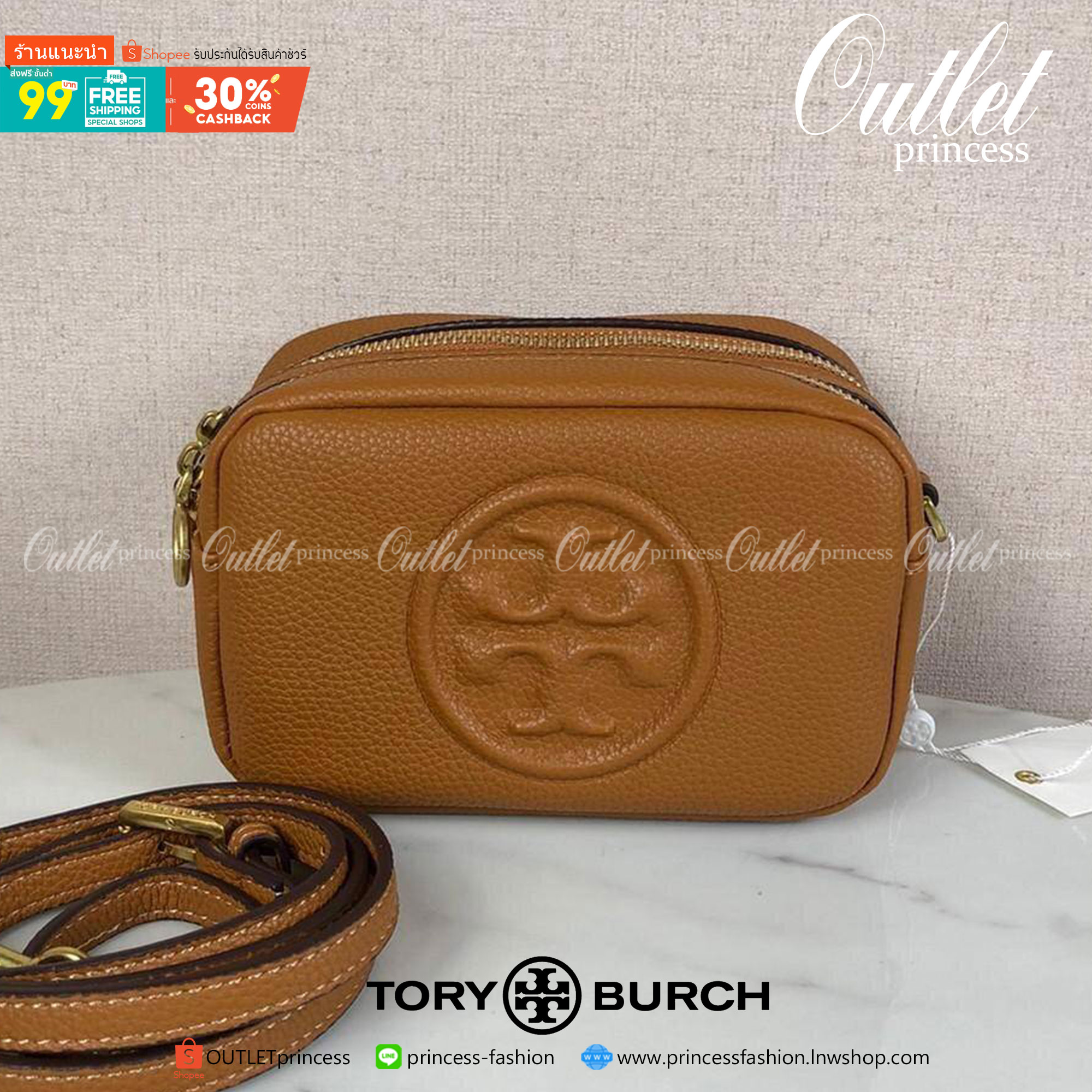ของแท้ 💯% Tory Burch Perry Bombe Mini Leather Crossbody กระเป๋าสะพาย 2 ช่องซิป