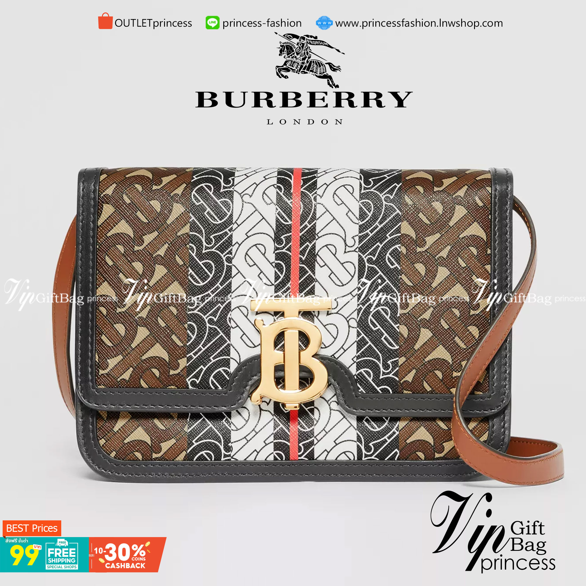 VIP หนังแท้ 】BURBERRY Brown TB-Print Canvas and Leather Crossbody Bag กระเป๋าสะพายวัสดุหนังแท้ ขึ้นลายแบรนด์โมโนเเกรมคอลเลคชั่นใหม่ทรงเหลี่ยมสวยหรูดูดี เปิดปิดด้วยฝาปิดสัญลักษณ์รูปตัวB ภายในมีช่องแบ่งเป็นสัดส่วนสามารถใส่มือถือ iphone เงิน ของจุกจิกได้ หัว