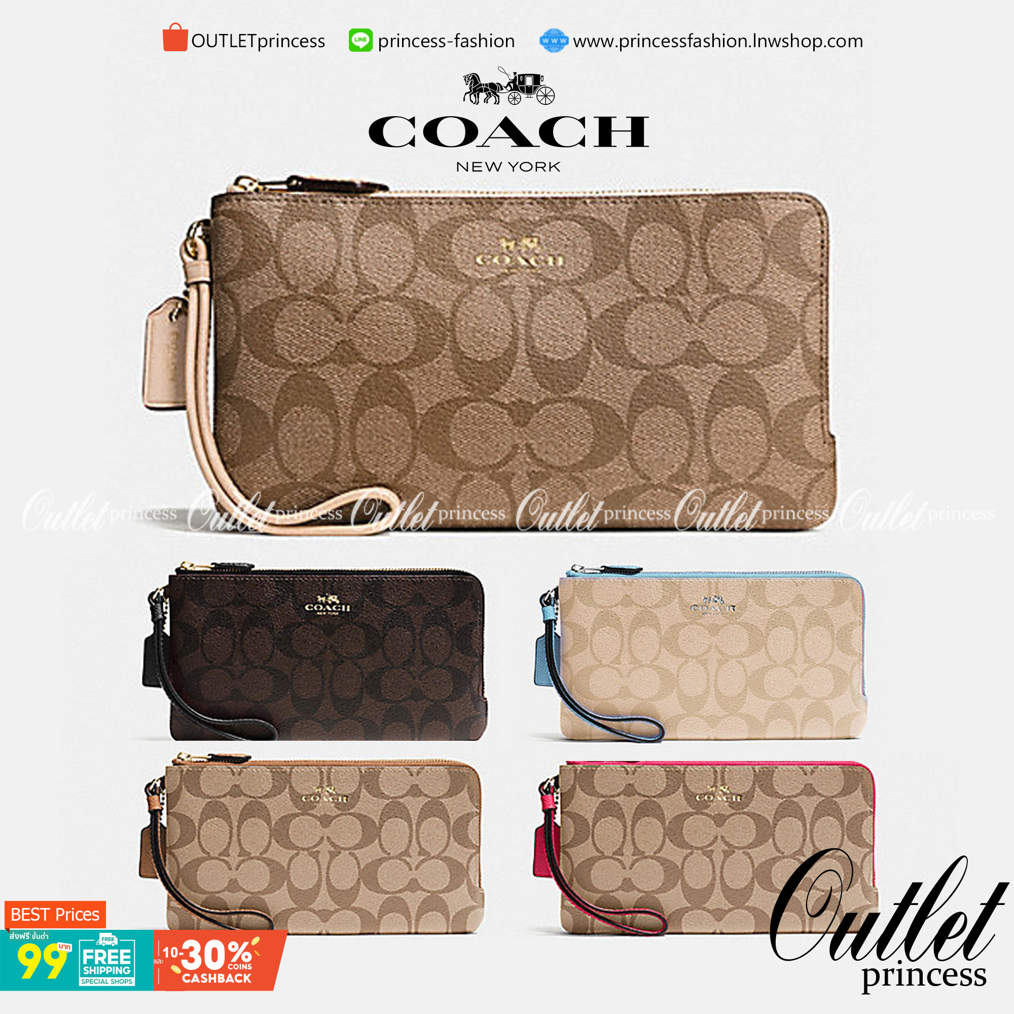 COACH F54057 DOUBLE ZIP WALLET IN SIGNATURE กระเป๋าคล้องมือ size L ใบนี้ใส่มือถือได้ทุกรุ่น ขนาดกำลังดี พกพาสะดวกมากๆ วัสดุหนังสังเคราะห์ ภายในเป็นผ้าสีสวยคม ใส่ธนบัตร ใส่บัตรได้เยอะ ใส่มือถือได้สบายๆทุกรุ่น ตอบโจทย์สาวๆที่ไม่ชอบพกเยอะวุ่นวายจ้า ใบนี้เอาอ