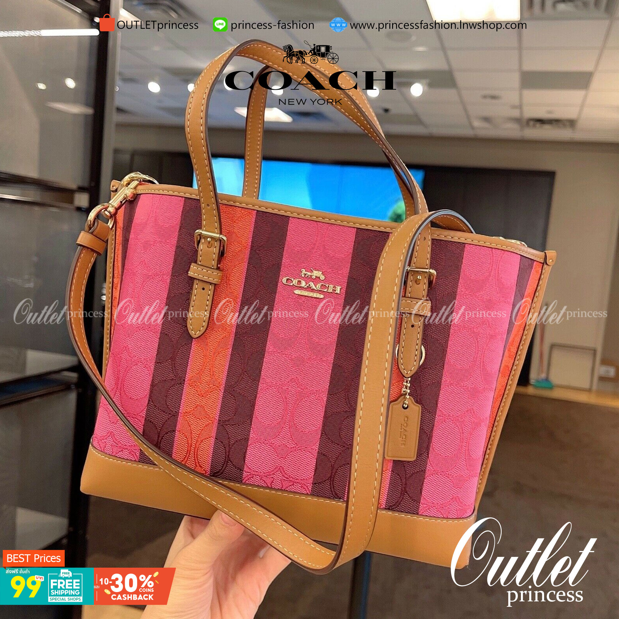 COACH C4086 MOLLIE TOTE 25 IN SIGNATURE JACQUARD WITH STRIPES แจกความสดใสด้วยลุคคัลเลอร์ฟูล กระเป๋าทรงโท้ท มินิไซส์ ตกแต่งลายเอกลักษณ์ถักทออยู่บนผ้า jacquard ตัดกับลายเส้นสีสันสวยงาม ลงตัวไม่ซ้ำใคร ภายในเป็นช่องโล่ง มีช่องซิปกลางใส่ของได้ ขนาดกำลังดีแบบใส