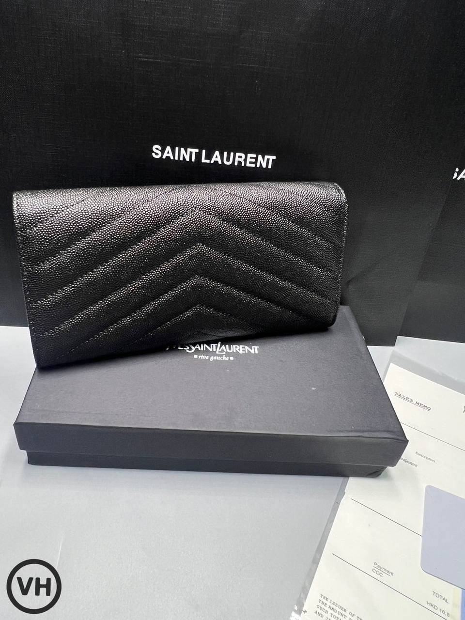 ORI หนังแท้ | YSL CASSANDRE MATELASSE large flap wallet / YSL Long Wallet กระเป๋าสตางค์ใบยาวแบบมีฝาปิดกระดุมแป๊ก