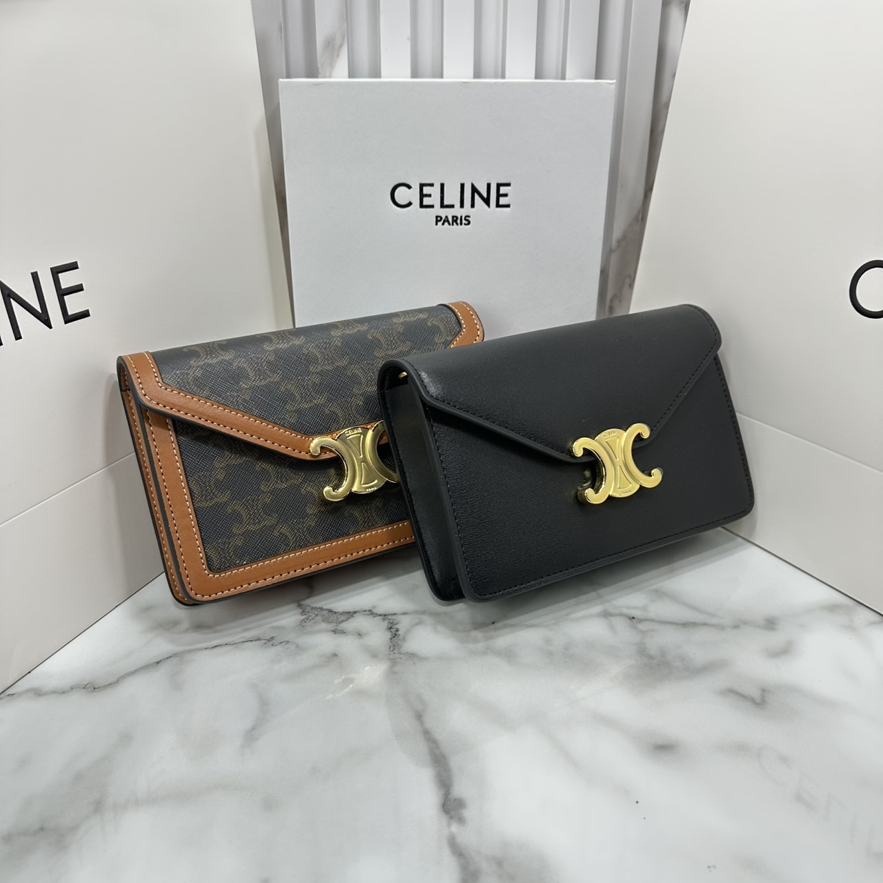 ORI หนังแท้ | CELINE WALLET ON CHAIN MARGO IN TRIOMPHE กระเป๋าสะพายสวยอยู่ทรงตั้งได้ รูปทรงย้อนยุคสไตล์วินเทจลัคชู ดีไซน์เอกลักษณ์ ขนาดกำลังดี