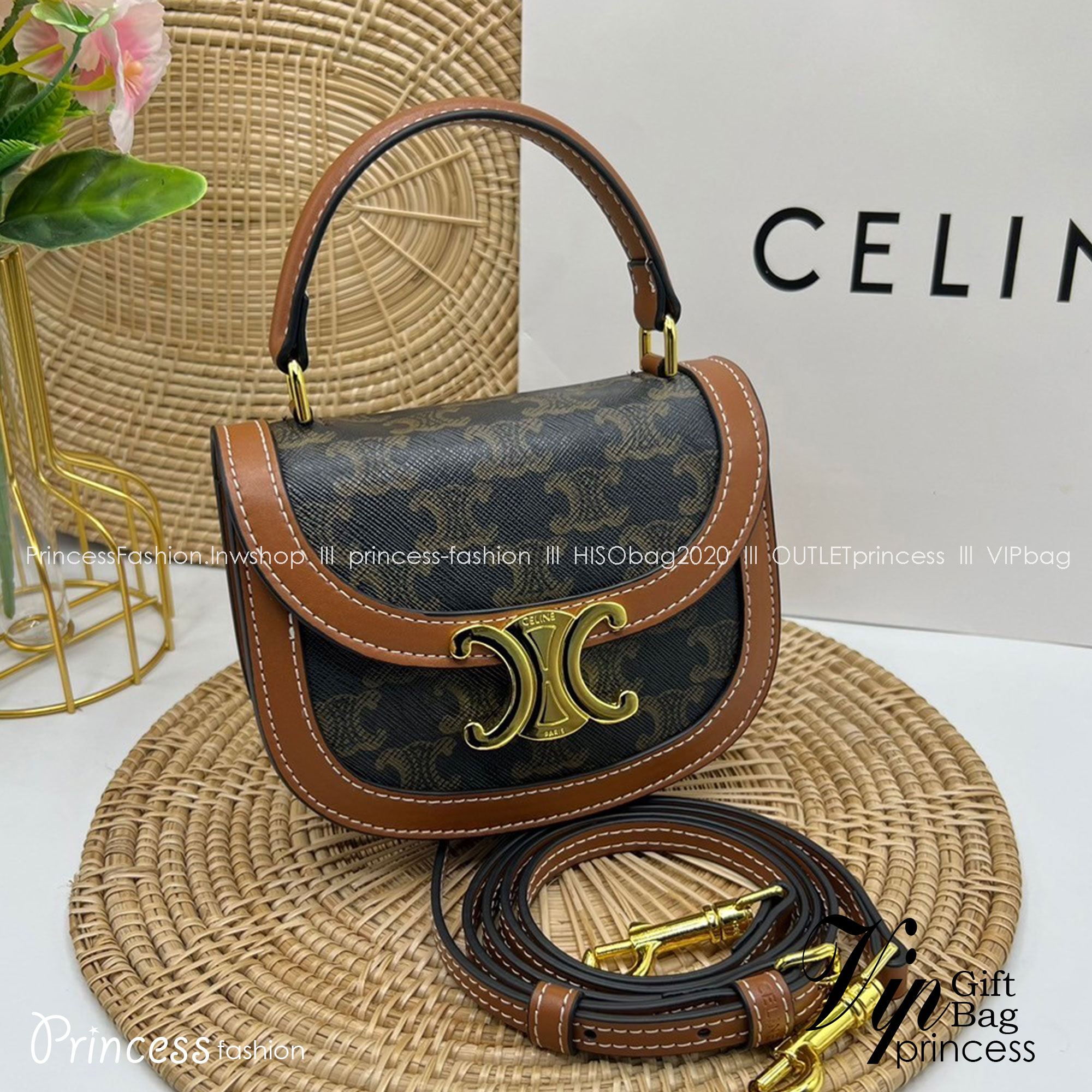 CELINE Mini besace triomphe in shiny top handle กระเป๋าสะพายคาดลำตัวพร้อมหูจับถนัดมือ น่ารักมาก รุ่นใหม่ล่าสุด