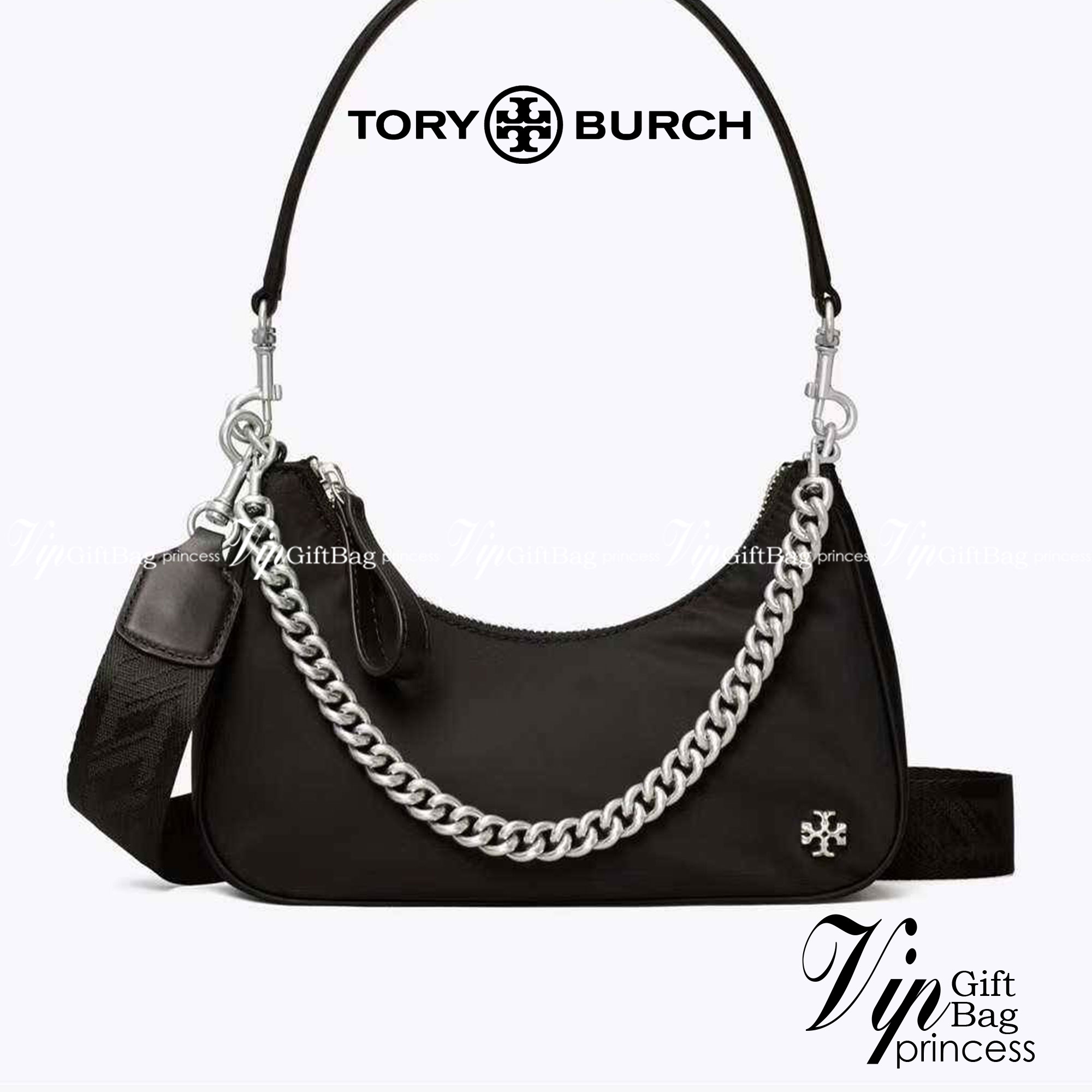 TORY BURCH handbag / TORY BURCH shoulder bag พร้อมส่งที่ไทย Tory Burch 151 Mercer Small Crescent Bag กระเป๋าถือหรือสะพายไหล่ วัสดุNylon อะไหล่เงิน น้ำหนักเบา พกพาสะดวก ใส่โทรศัพท์ iIphone+ ได้ ด้านในโล่งมีช่องเล็กใส่บัตร 2 ช่อง มาพร้อมสายสั้น สายหนัง+สายโ