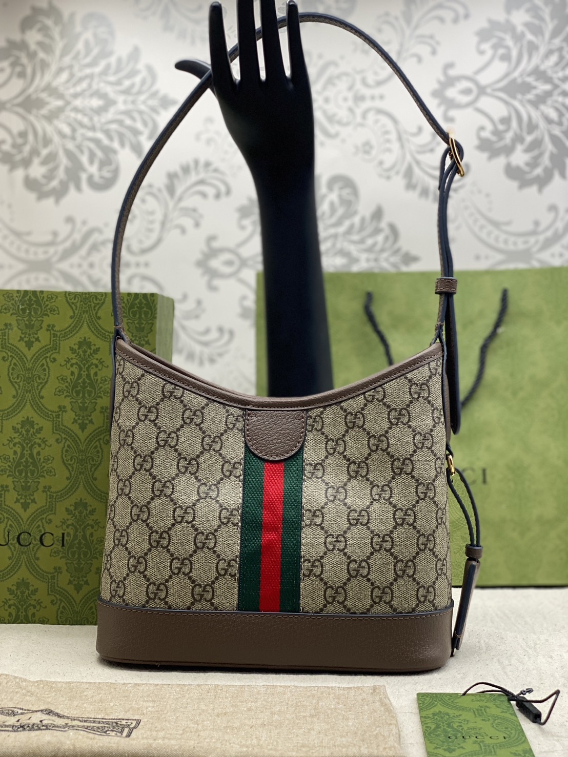 GUCCI OPHIDIA GG SMALL SHOULDER BAG / GUCCI TOTE BAG กระเป๋าสะพายไซส์เล็ก หนังผสมแคนวาส เกรดออริจินอล 1:1 สลับแท้ ใช้งานต่างประเทศได้