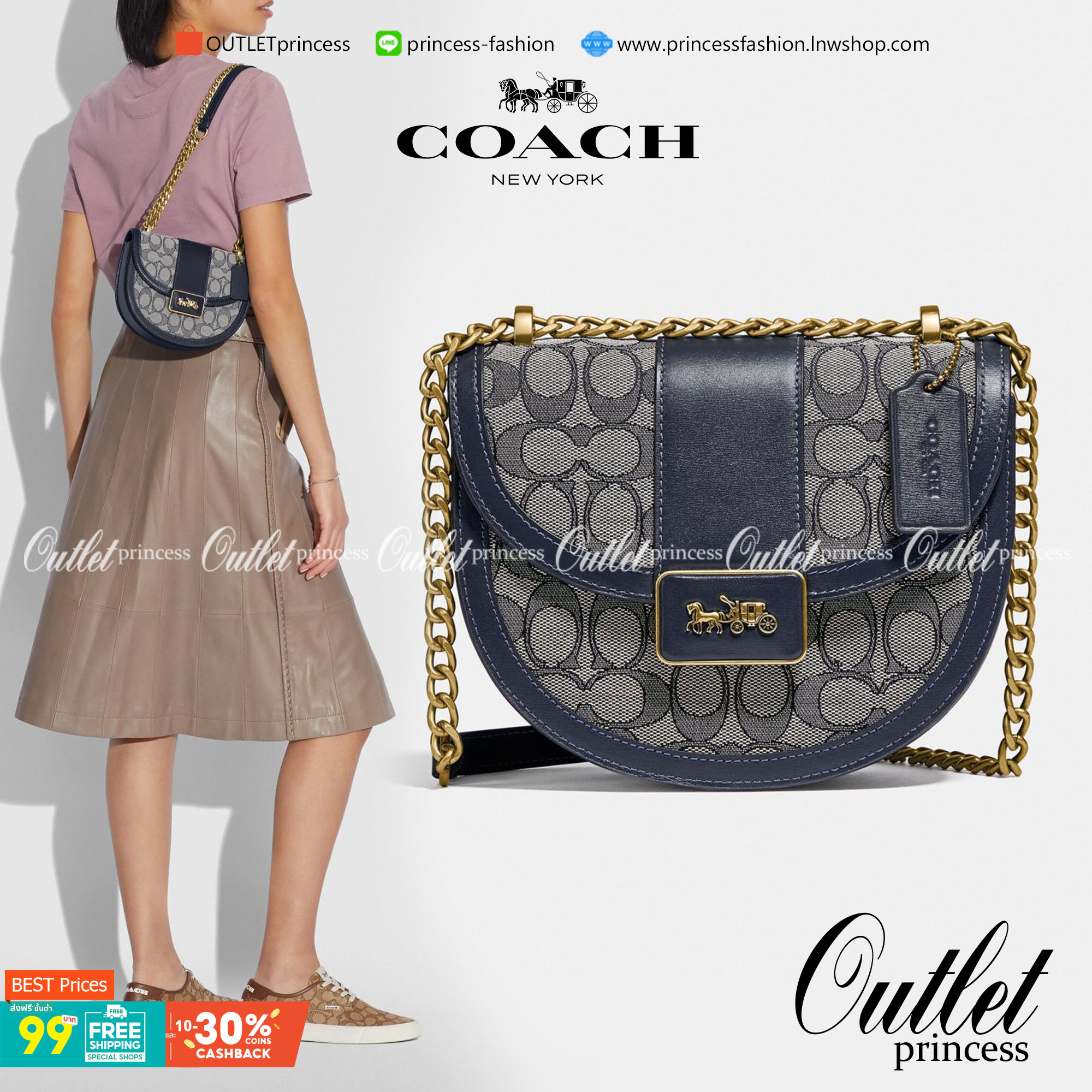 COACH ALIE SADDLE BAG IN SIGNATURE JACQUARD (C4694//C3464) New item!! กระเป๋าสะพายทรง saddle ดีไซน์วินเทจย้อนยุค แฝงความหรูในตัวด้วยอะไหล่สีทองเหลือง โดดเด่นไม่ซ้ำใครแน่นอน วัสดุผ้า jacquard สลับหนังแท้ ภายในเป็นช่องโล่ง มาพร้อมสายสะพายครอสบอดี้ ที่สามารถ