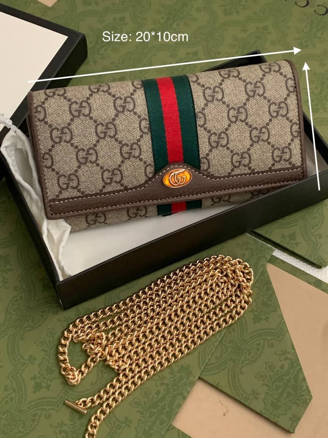 พรีเมี่ยมกิ๊ฟแท้ 100% 】GUCCI PRINT GG Unisex Wallet Crossbody With Chain กระเป๋าสตางค์ใบยาวคล้องไหล่หนังแท้ [Box set]