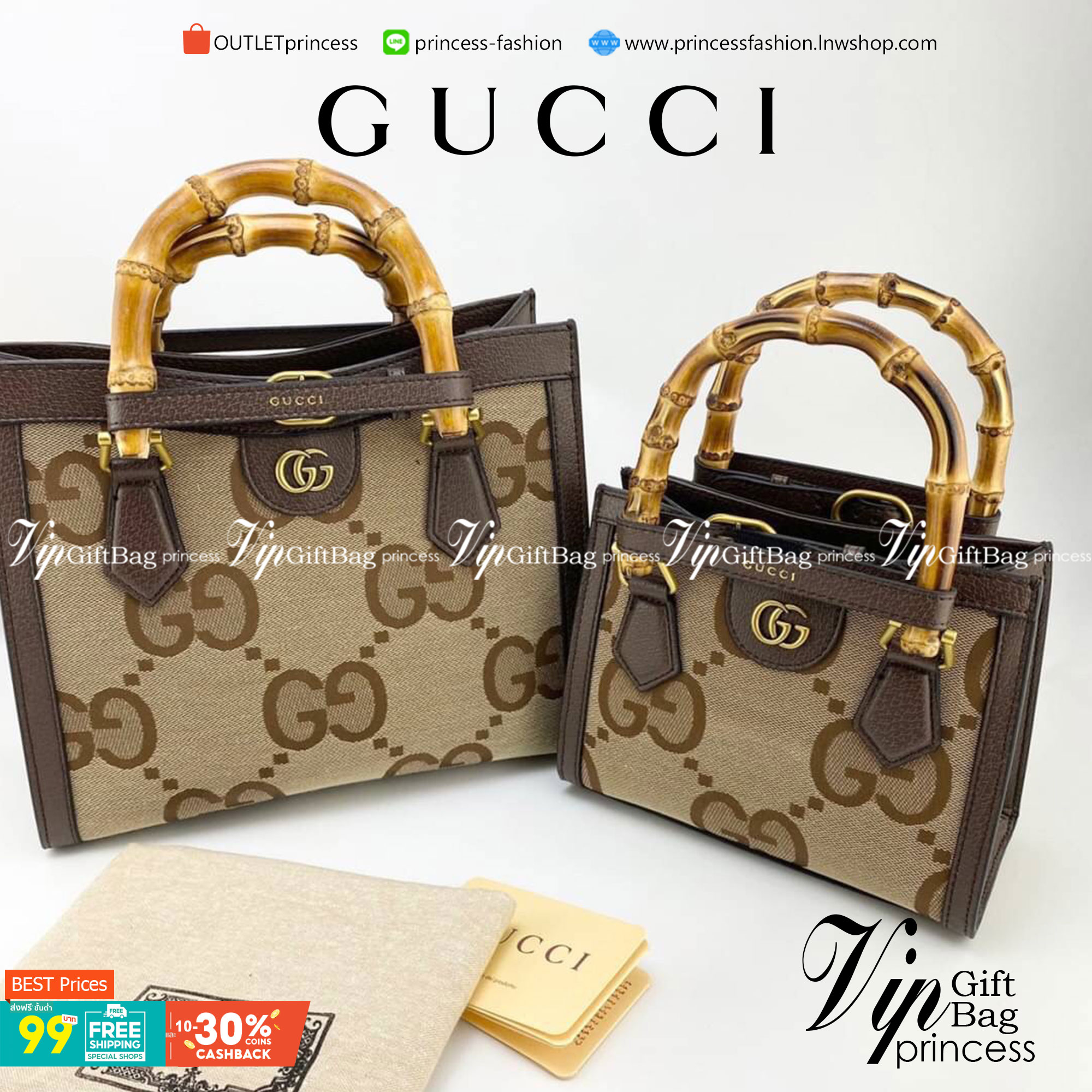หนังแท้ Gucci Diana jumbo GG tote bag (mini/small) พร้อมส่งที่ไทย Brown Camel and ebony jumbo GG canvas ภาพถ่ายจากสินค้าจริง