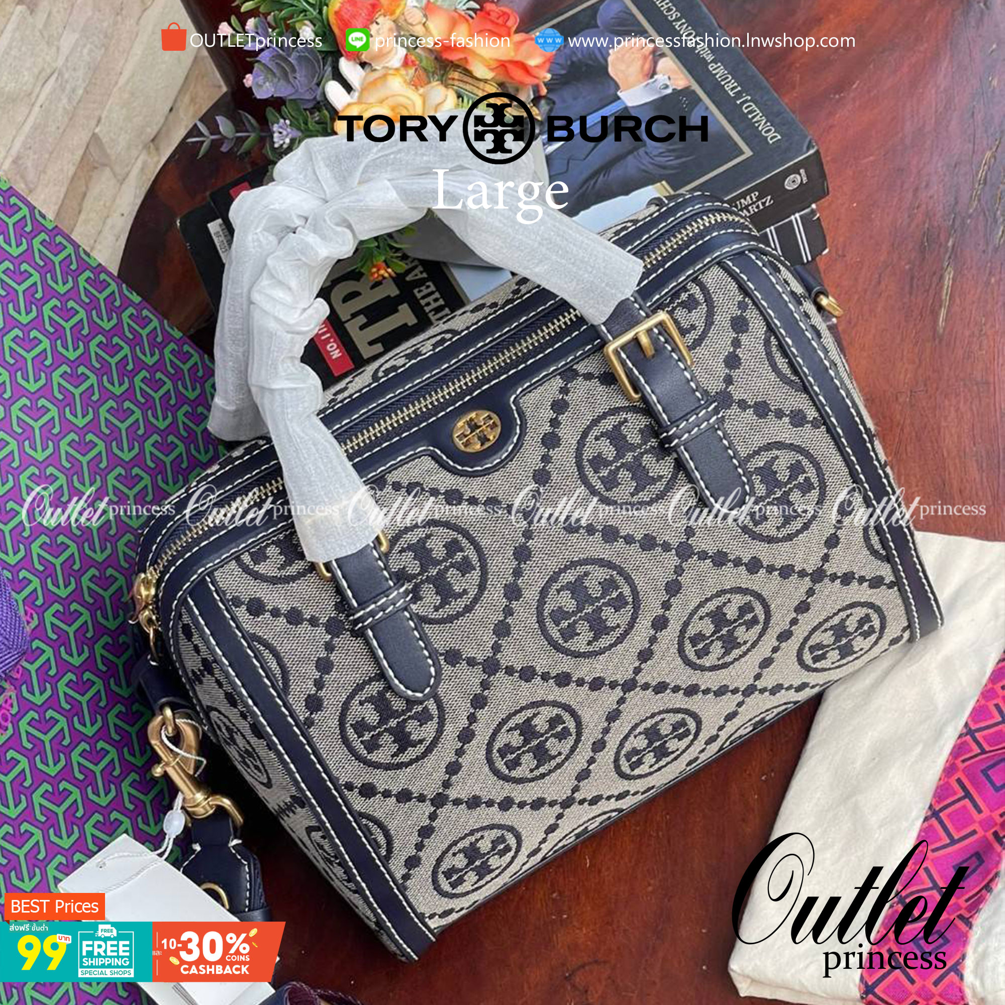 Large: Tory burch T Monograme Jacquaed Duffle เป็นทรงกระเป๋าที่มีความฮอตฮิตตลอดกาล ด้วยรูปทรงคลาสสิคและเหมาะใช้งานเข้ากับทุกสถานการณ์ ไม่ว่าจะเป็นกระเป๋าสะพายไหล่ เพิ่มความคล่องตัวและเข้าได้กับทุกลุค ไม่ว่าจะเป็นวันสบายๆ หรือวันที่ต้องออกไปทำกิจกรรมลุยๆ ห