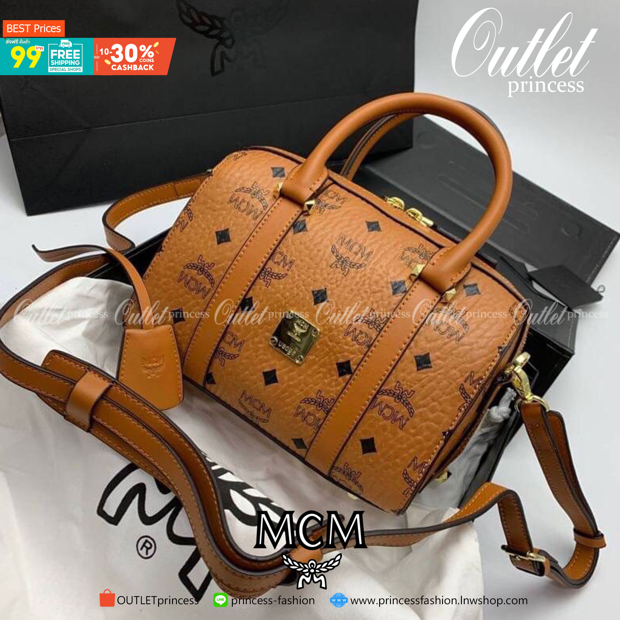 M.C.M ESSENTIAL BOSTON BAG IN VISETOS กระเป๋าถือ/สะพายข้าง ทรงหมอน สวยโดดเด่น ทรงสวยยอดนิยม มาพร้อมพวงหนังห้อย และสายรัดเก็บหูจับ วัสดุหนังแคนวาสคุณภาพดี