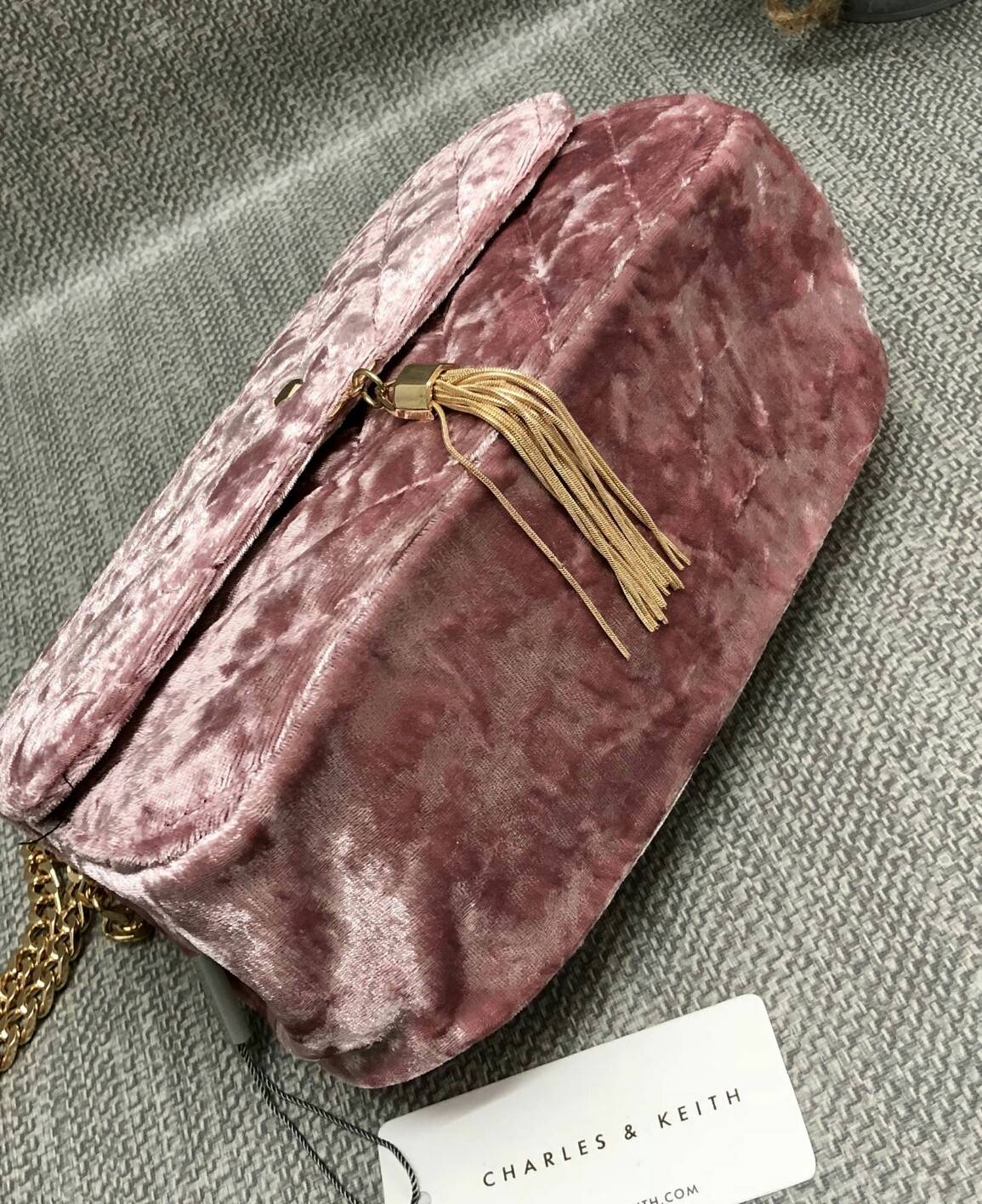 CHARLES & KEITH TASSEL DETAIL SHOULDER BAG กระเป๋าสะพายข้าง ทรงน่ารัก ด้านหน้ามีพู่ห้อย เปิดปิดกระเป๋าแบบแม่เหล็ก ด้านในโล่ง มีช่องซิป 1 ช่อง และช่องใส่บัตรได้ 3 ช่องค่ะ สายสะพายโซ่สีทองหรูหราค่ะ