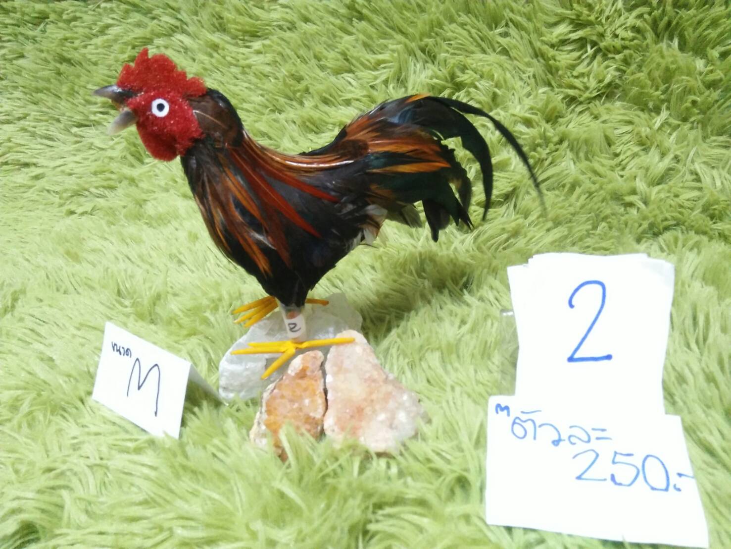 ไก่ปลอม โครงลวด ขนจริง สูง 12-13cm ยาว 15-22 cm