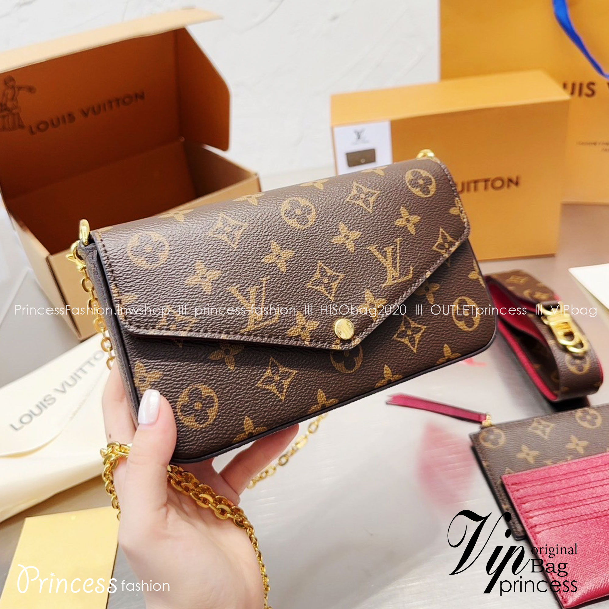 LV Felicie Pochette Monogram Bag / LV Felicie Chain wallet กระเป๋าสะพายข้างหรือถือแบบคลัทออกงาน พร้อมสายโซ่ และสายสะพายทรงสปอร์ตสุดคุ้มใช้งานง่าย