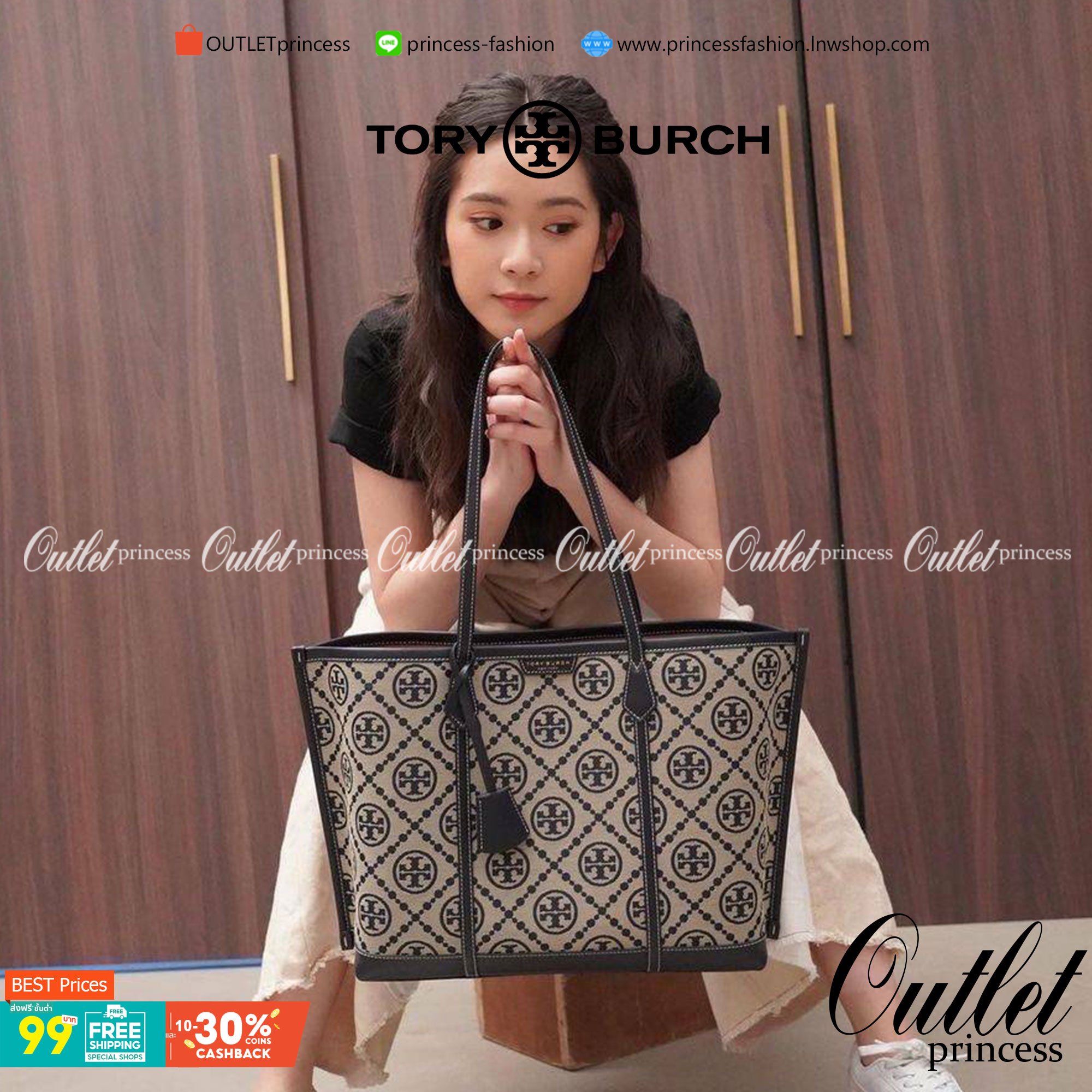 OUTLET 】TORY BURCH FACTORY MONOGRAM JACQUARD LARGE TOTE BAG (L) กระเป๋าถือหรือสะพายดีไซน์ยอดนิยมจาก TORY BURCH FACTORY OUTLET วัสดุ Woven Jacquard & Leather ทอลาย Jacquard Singnature แบรนด์รอบใบปราณีตสวยอยู่ทรงเป็นเอกลักษณ์ ใบใหญ่กำลังดี กว้างและจุได้เยอะ